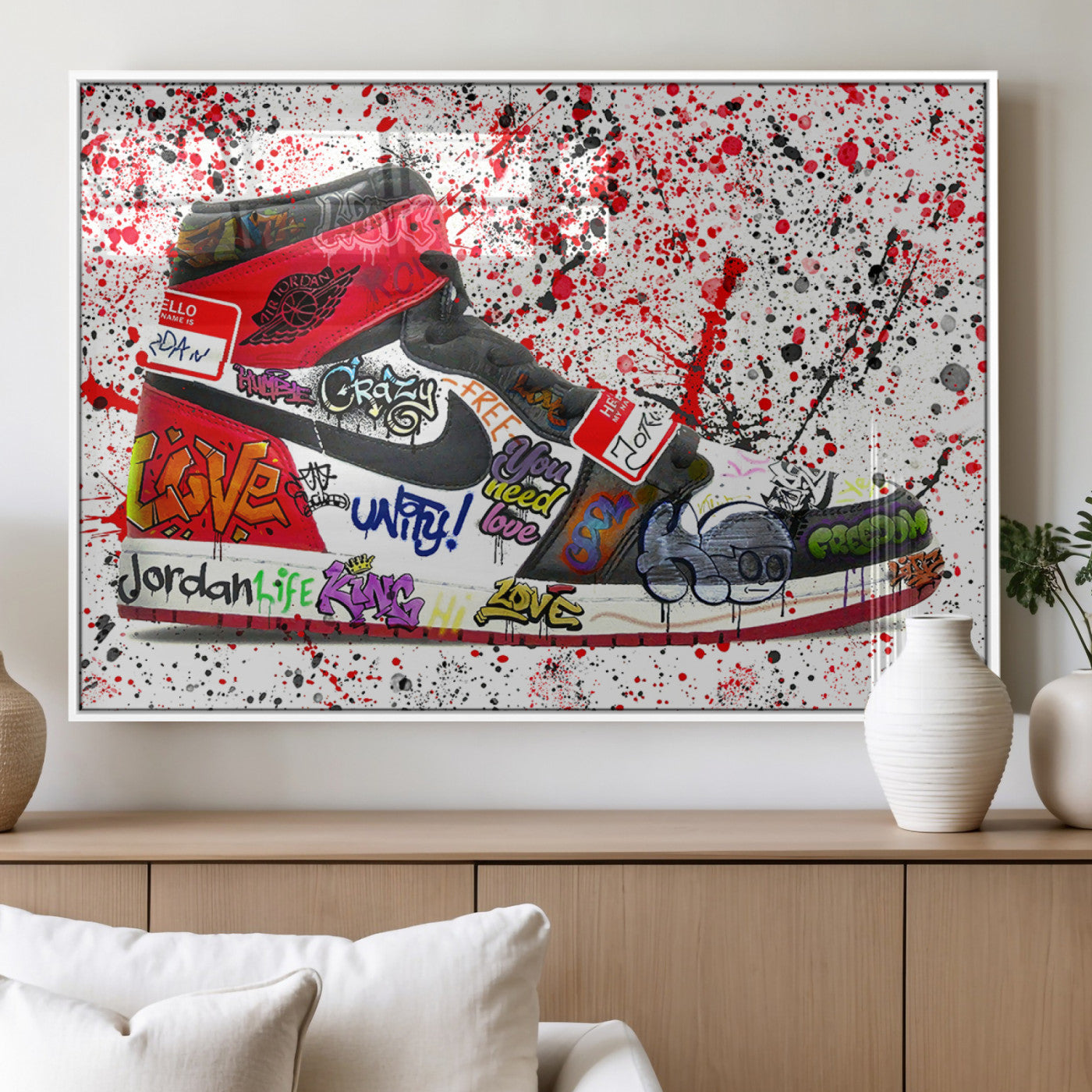 MGV-FP-36X24-3P - Jordan Shoes Graffiti Wall Art Canvas Print- Jordan Graffiti Canvas Wall Art - Framed Perfect for Sneaker heads and Urban Art Lovers