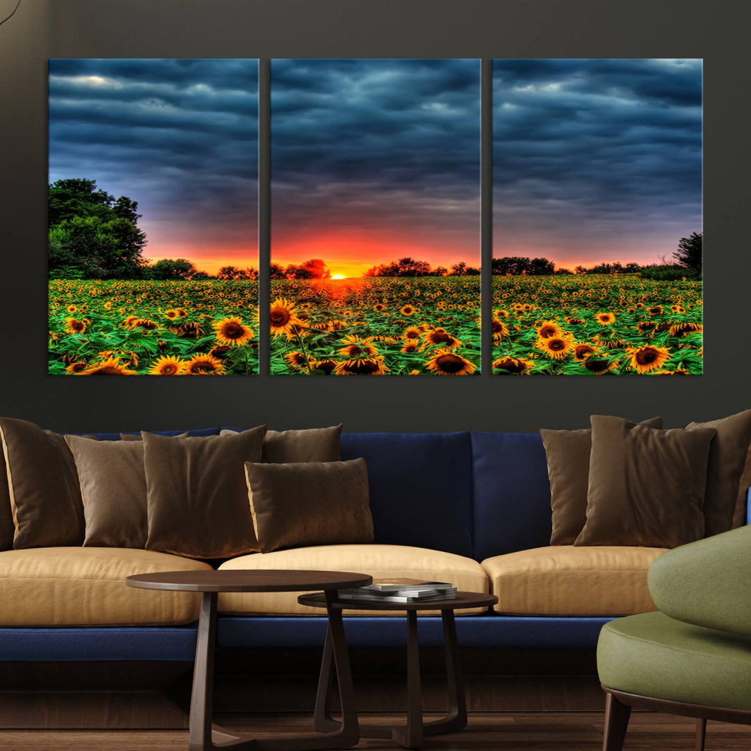 Golden Sunflower Field at Sunset – Breathtaking Sky and Vibrant Flowers, Ready to Hang Wall Art Canvas Print