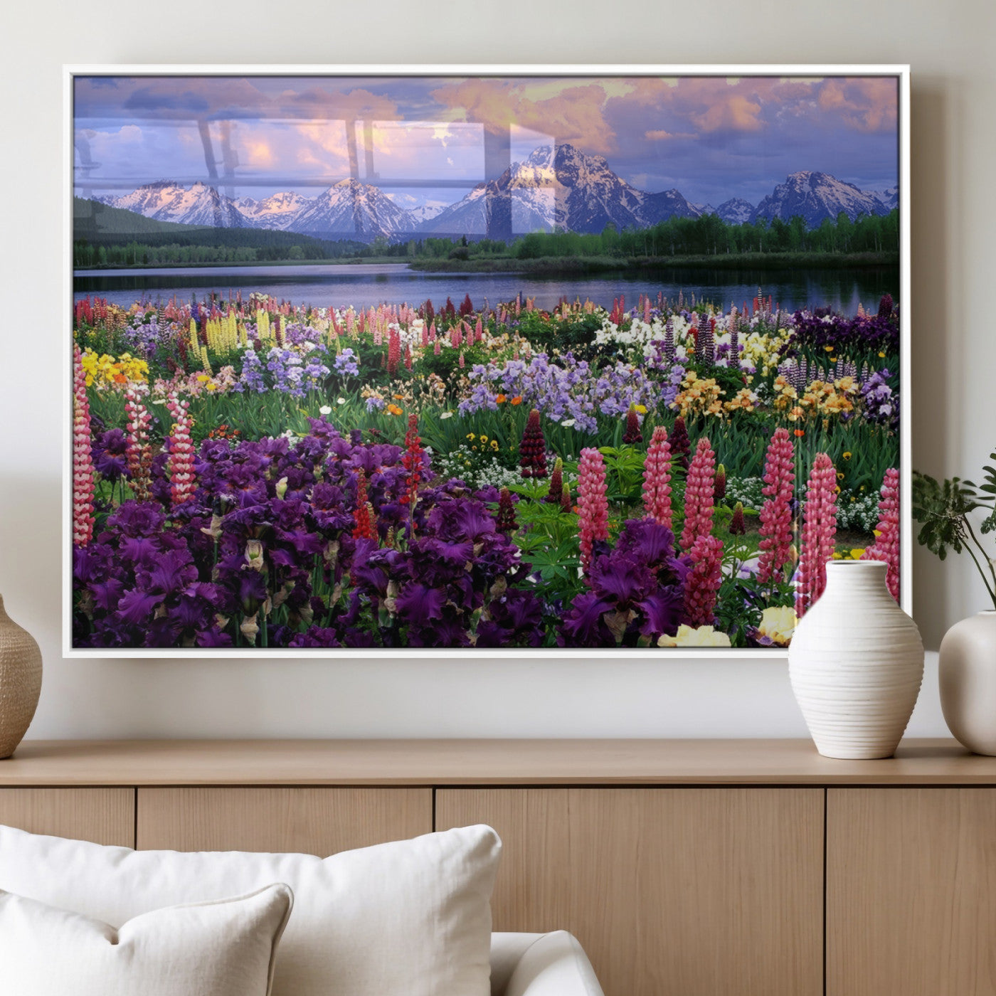 MGV-FP-36X24-3P - Vibrant Wildflower Garden and Mountain View Giclee Canvas Print | Floral Wall Art for Living Room