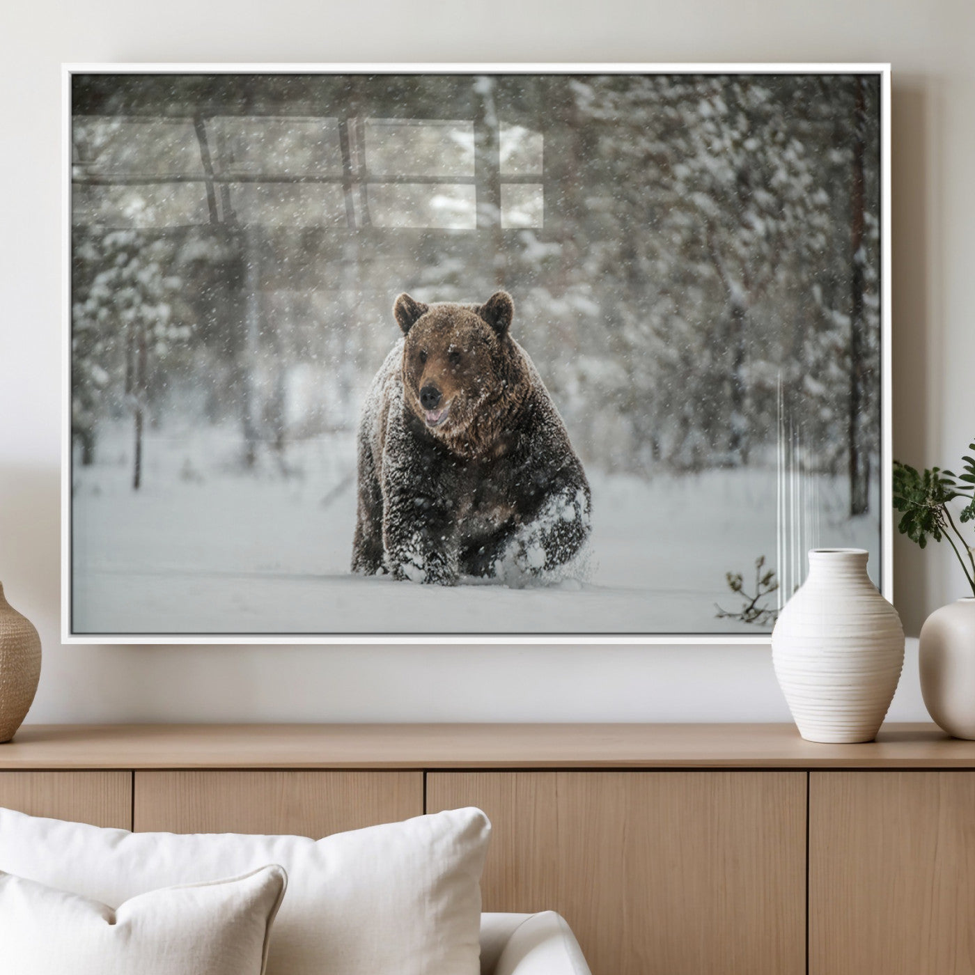 MGV-FP-36X24-3P - Wall Art Canvas Print – Grizzly Bear in Snowy Forest Powerful Presence Snowy Wilderness Wild Beauty