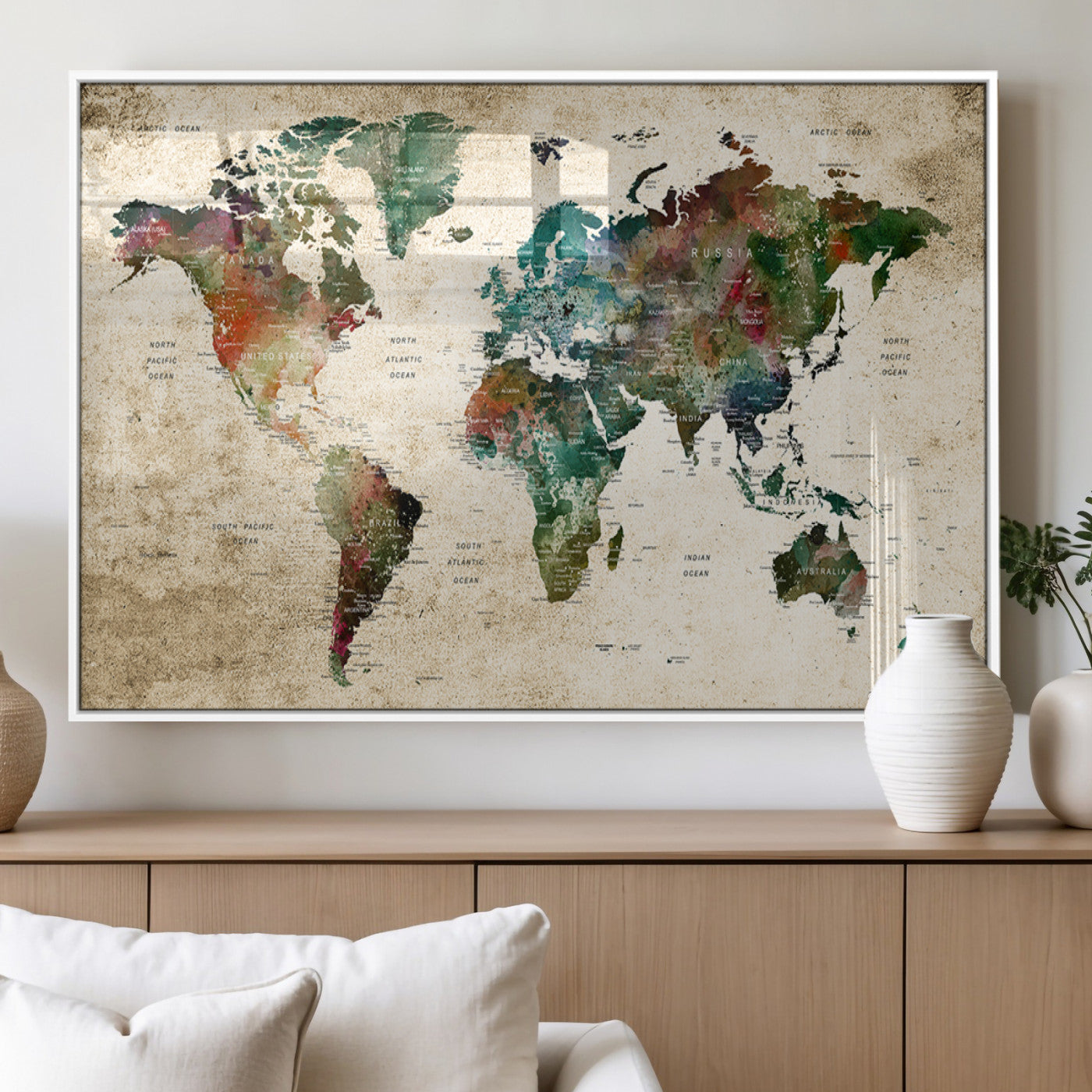 45128-MGV-FP-60X30-3P_White-Push Pin World Map Canvas Print – Framed Wall Art for Couples to Track Their Travels – Anniversary Gift or Home Adventure Decor