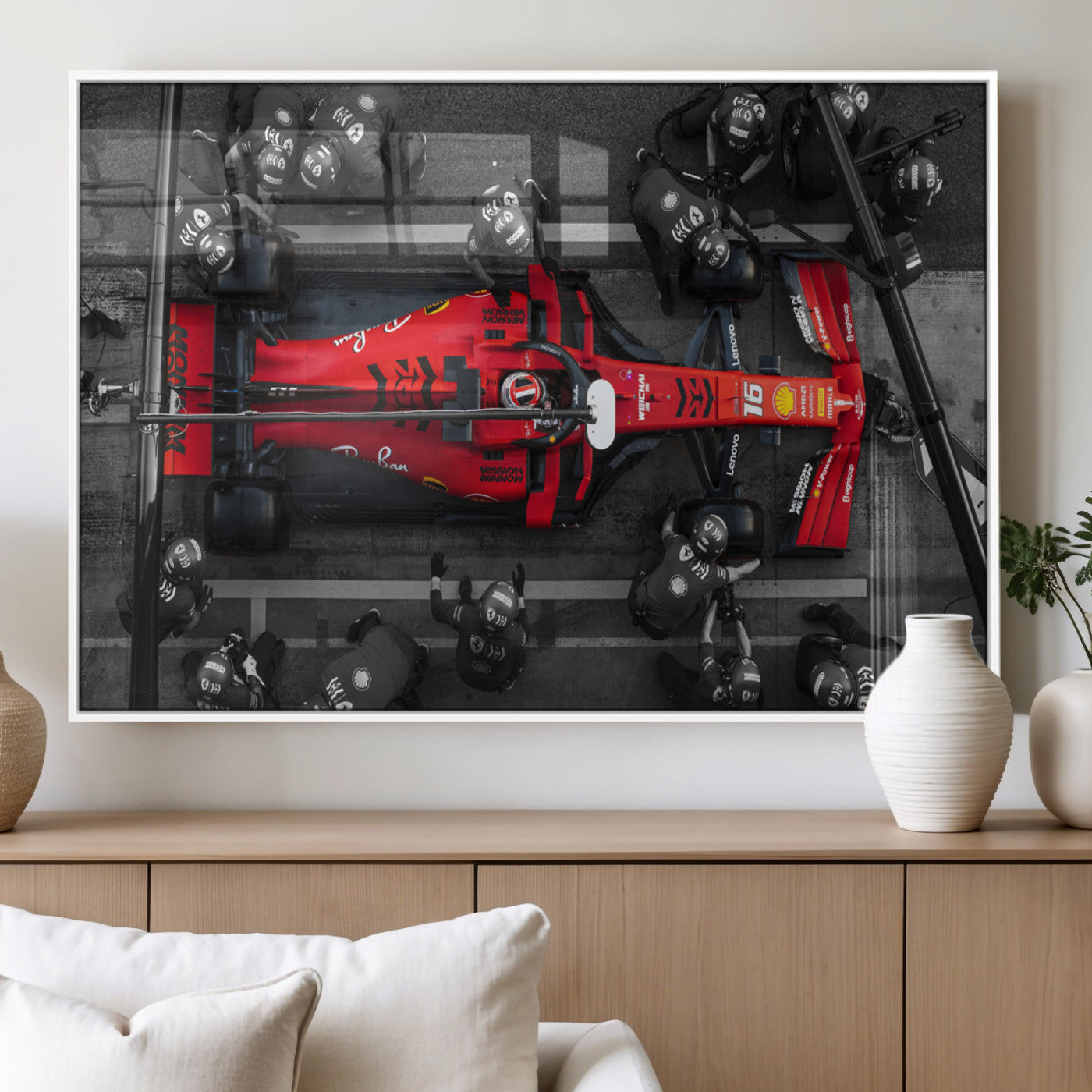 MGV-FP-60X30-3P - Ferrari Pit Stop Canvas Wall Art – Precision and Speed Captured in Bold Motorsport Imagery – Ready