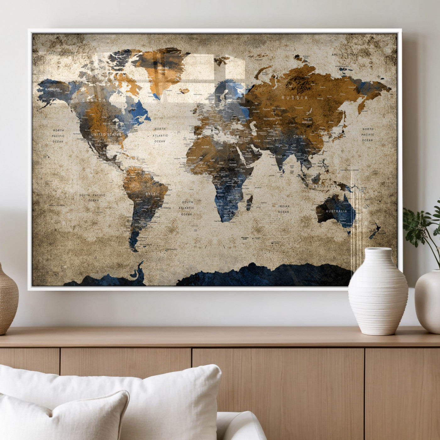 MGV-FP-60X30-3P - World Map Canvas Print – Framed Wall Art Anniversary Gift or Home Adventure Decor