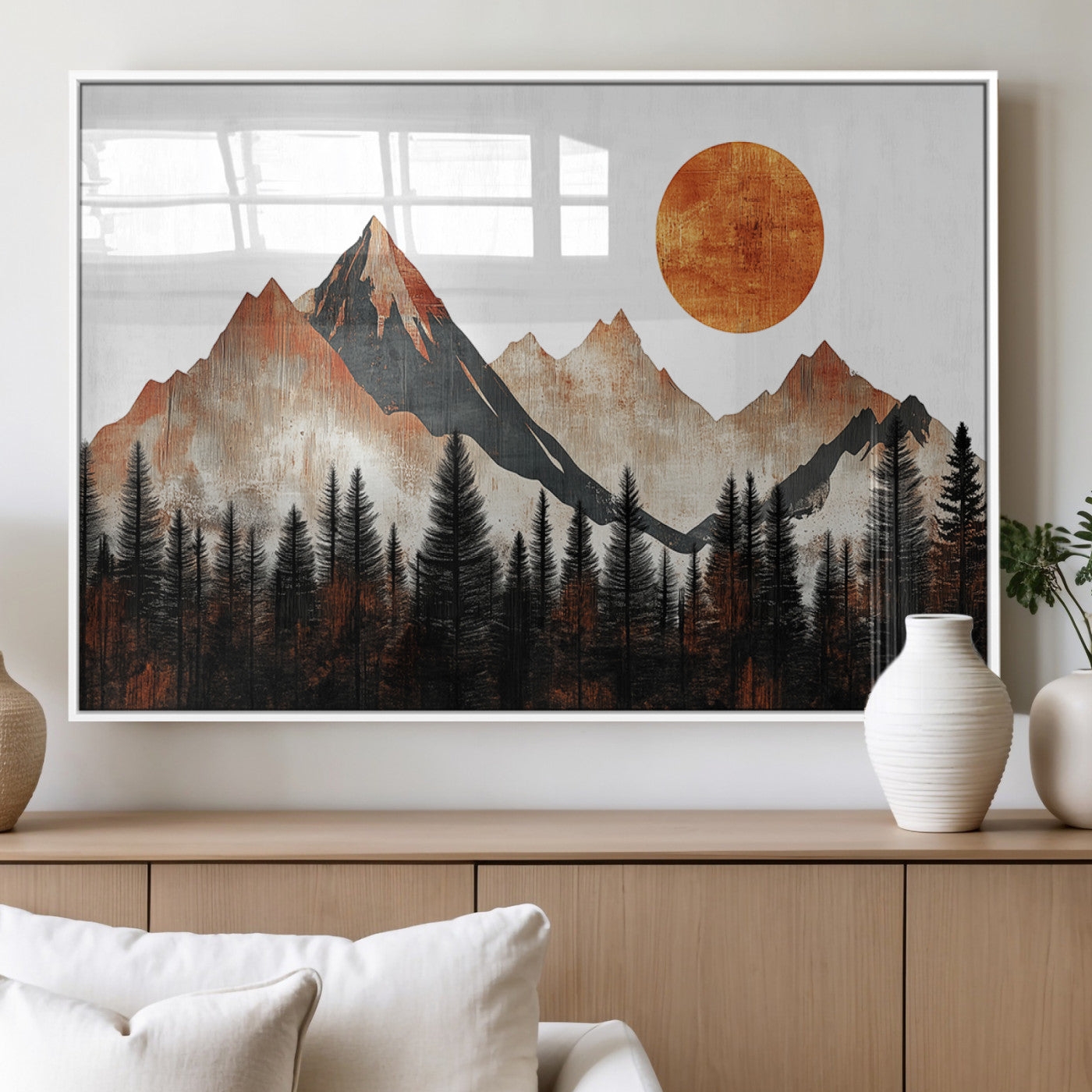 MGV-FP-36X24-3P - Modern Abstract Mountain Canvas Wall Art Print, Abstract Landscape Print, Rustic Sun and Mountains
