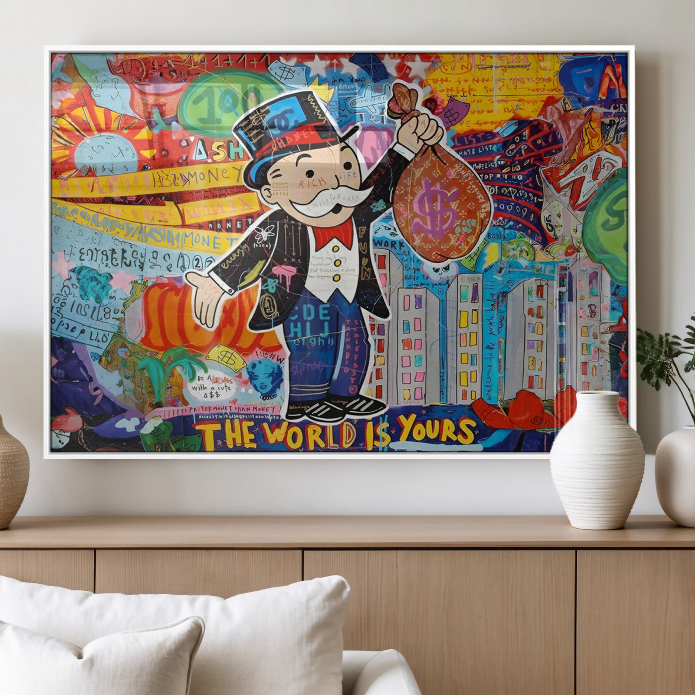 MGV-FP-60X30-3P - Pop Art Monopoly Man Canvas Wall Art Print - Bold and Colorful Street Art-Inspired Decor for Living