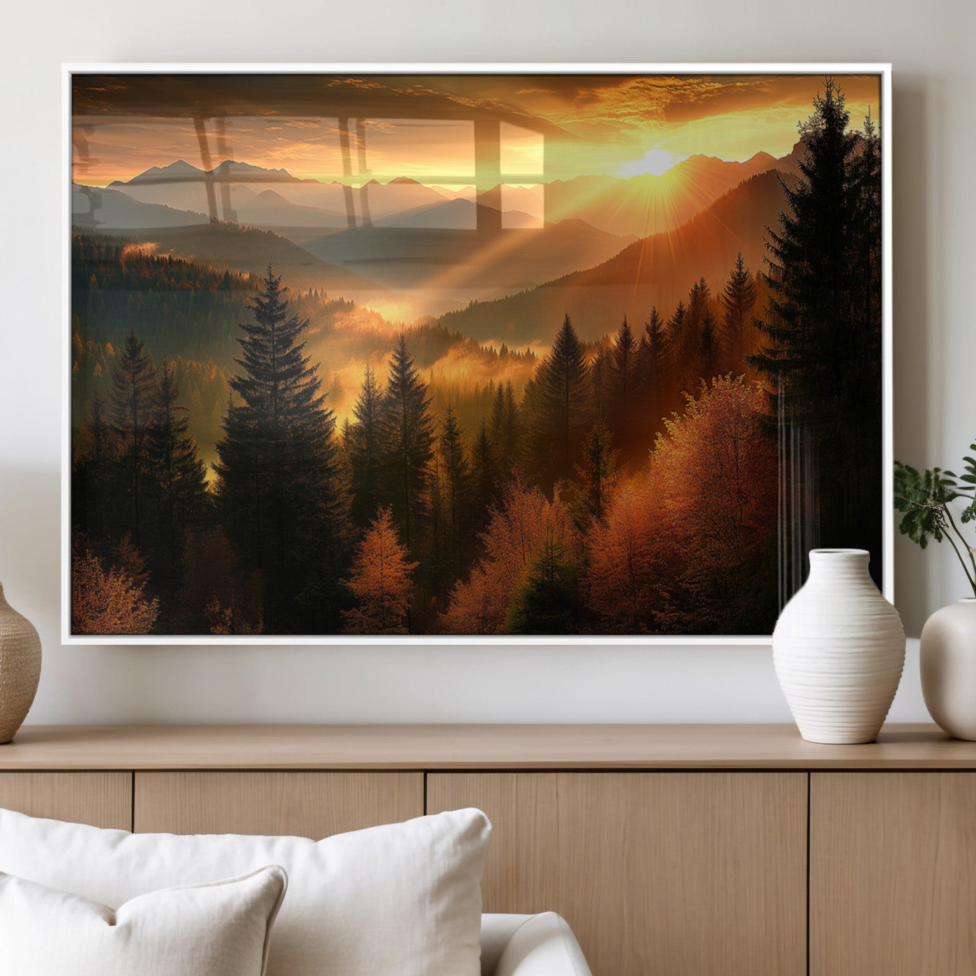 MGV-FP-60X30-3P - Golden Sunset Over Mountain Forest Canvas Wall Art Print - Warm Nature Landscape Print