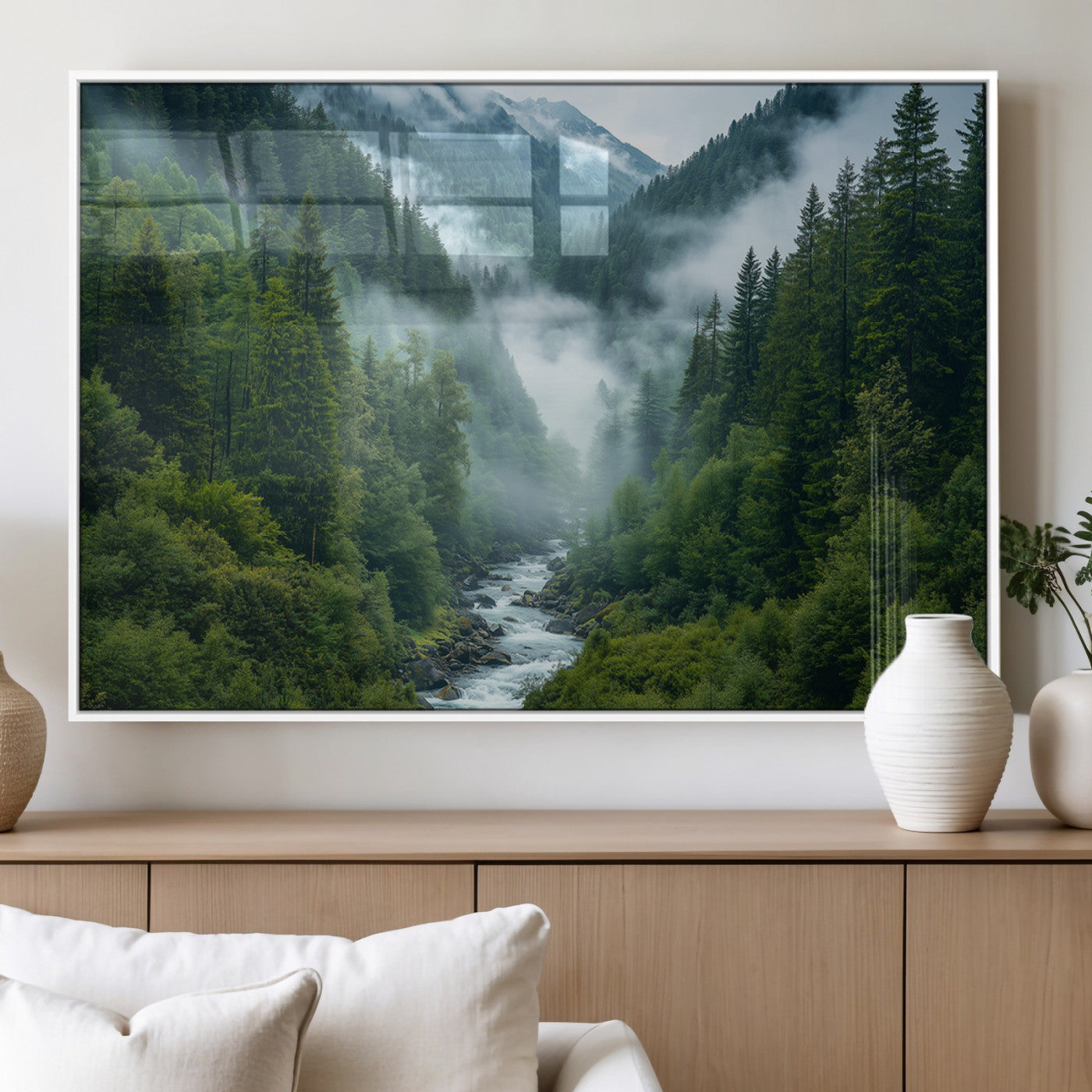 MGV-FP-60X30-3P - Mountain Forest River Canvas Wall Art Print - Serene Nature Landscape for Living Room, Office, or