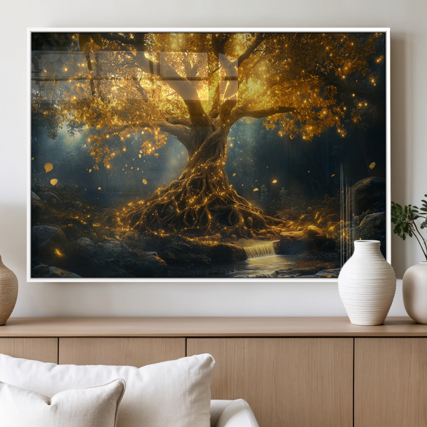 MGV-FP-60X30-3P - Golden Tree of Life Canvas Wall Art Print - Majestic Glowing Tree Wall Art Print