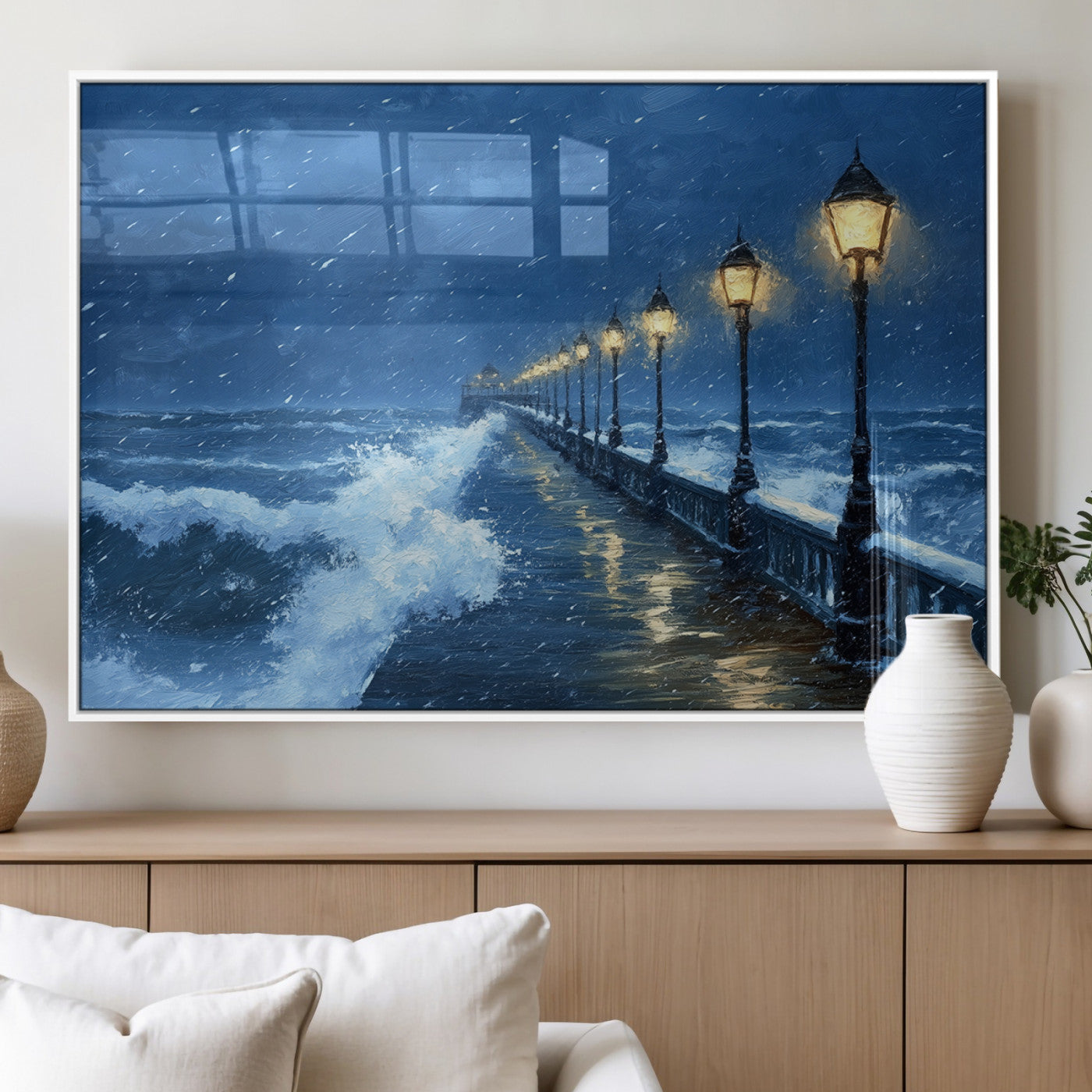 MGV-FP-36X24-3P - Stormy Ocean Pier Lights Canvas Wall Art Print - Large Moody Night Scene for Living Room, or Office,