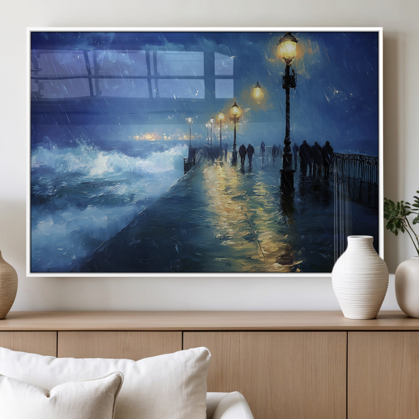 MGV-FP-36X24-3P - Abstract Stormy Ocean Pier Canvas Wall Art Print | Stormy Ocean Art | Large Moody Night Scene Print,