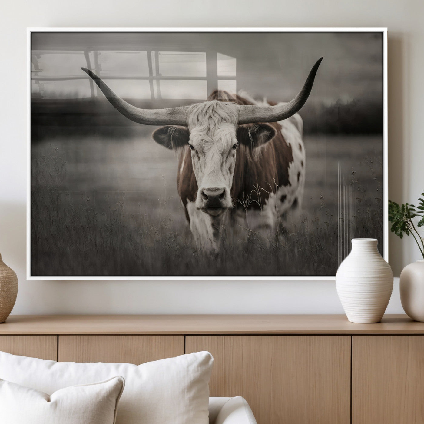 MGV-FP-60X30-3P - Texas Longhorn Cow Canvas Wall Art Print - Large Rustic Longhorn Art for Living Room, Western Wall