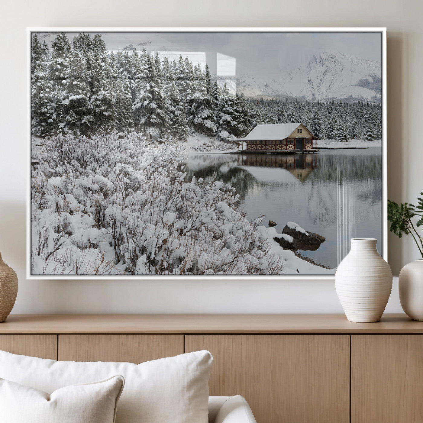 MGV-FP-60X30-3P - Winter Wall Art - Cabin by the Lake Canvas Wall Art - Serene Snowy Landscape with Mountain View,