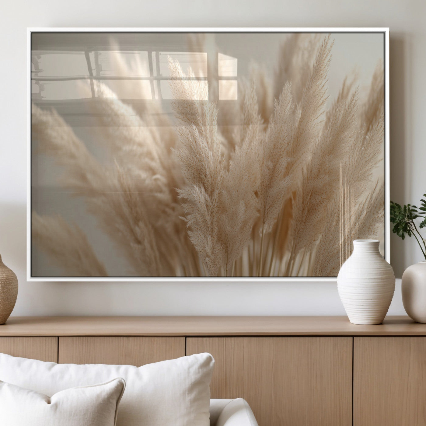 MGV-FP-60X30-3P - Pampas Grass Canvas Wall Art - Elegant Neutral Decor for Living Room, Boho Minimalist Artwork, Ready