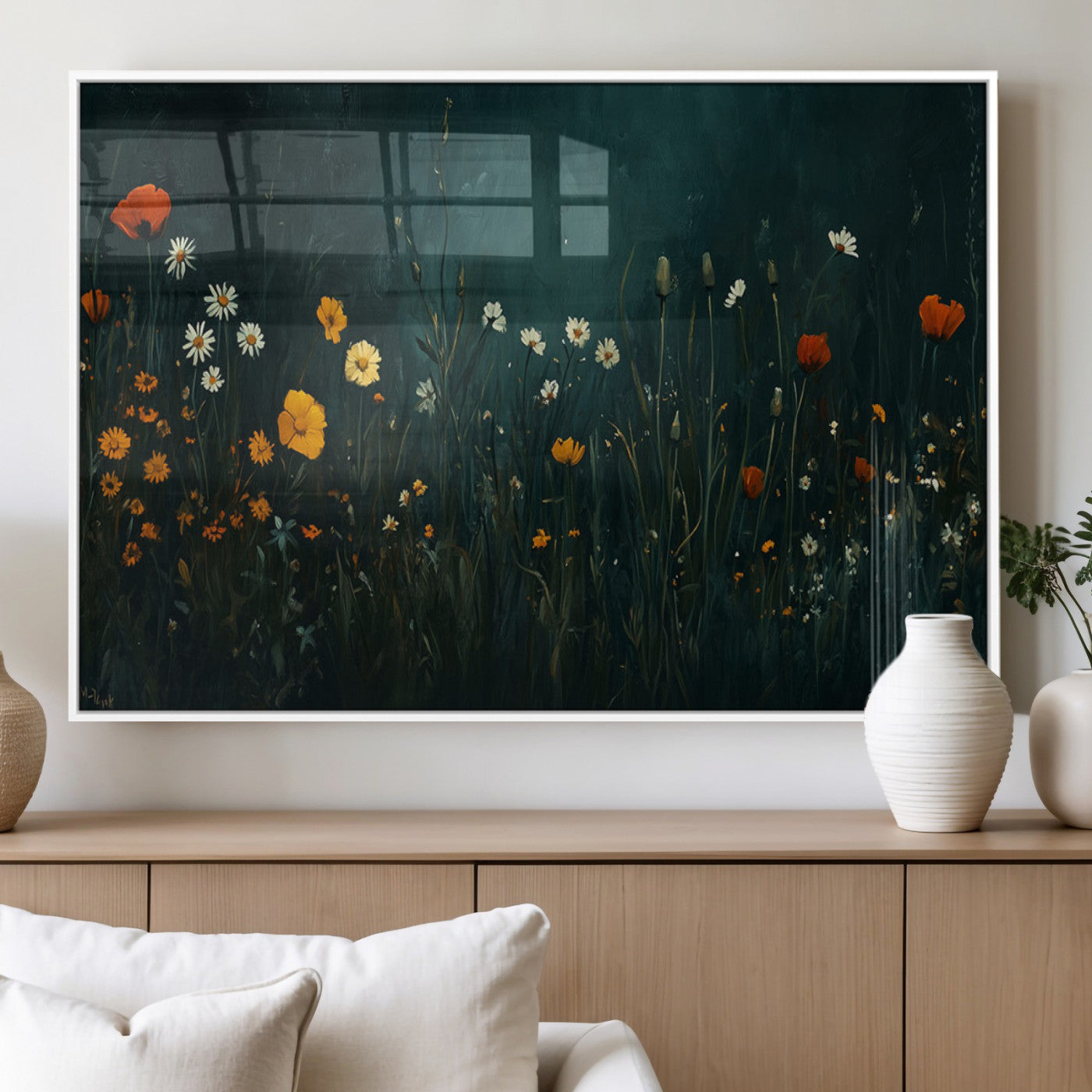 MGV-FP-60X30-3P - Framed Wildflower Field Wall Art, Framed Vintage Botanical Landscape Sign, Floral Decor, Modern