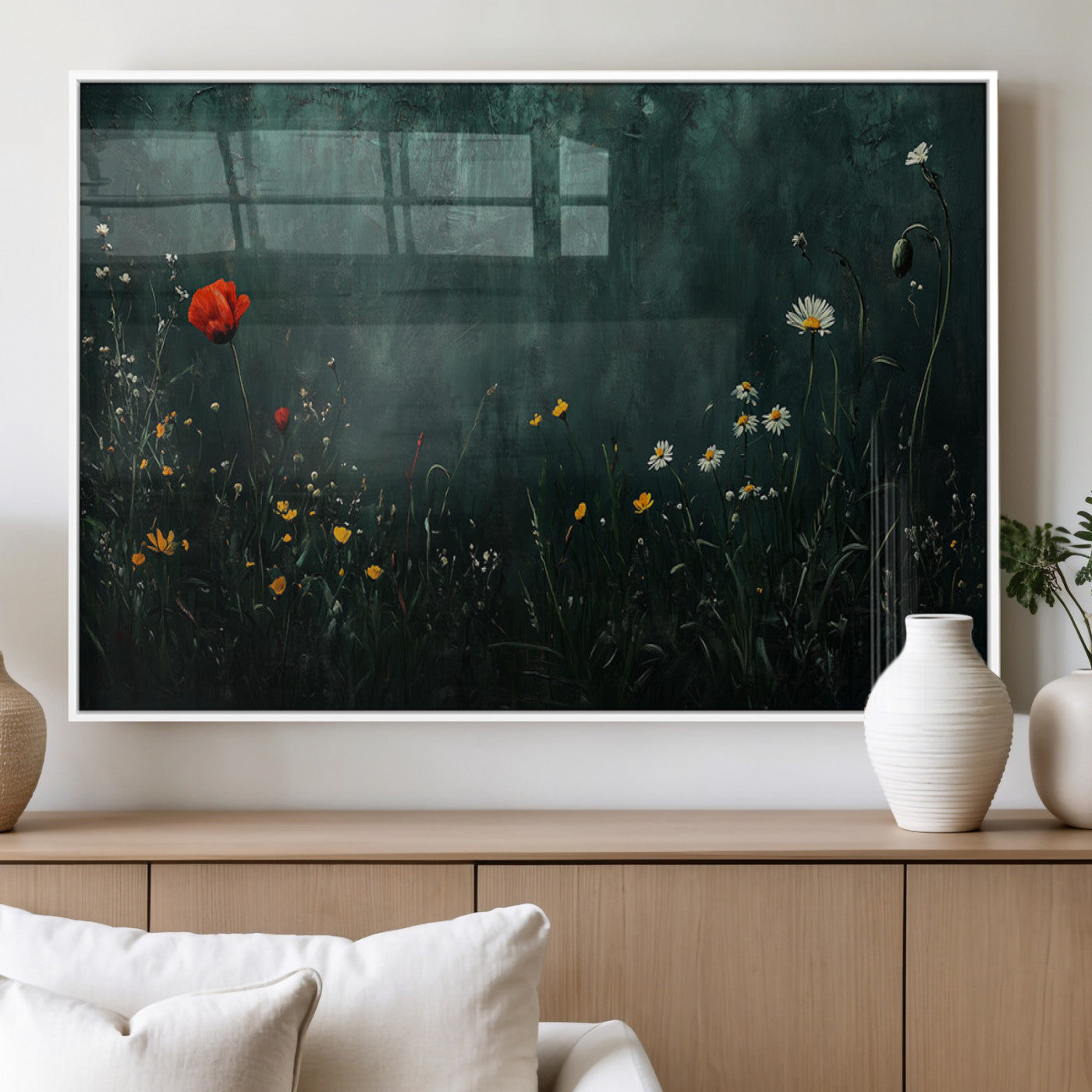 MGV-FP-60X30-3P - Wildflower Field Framed Wall Art, Vintage Botanical Landscape Sign, Botanical Wall Art, Modern