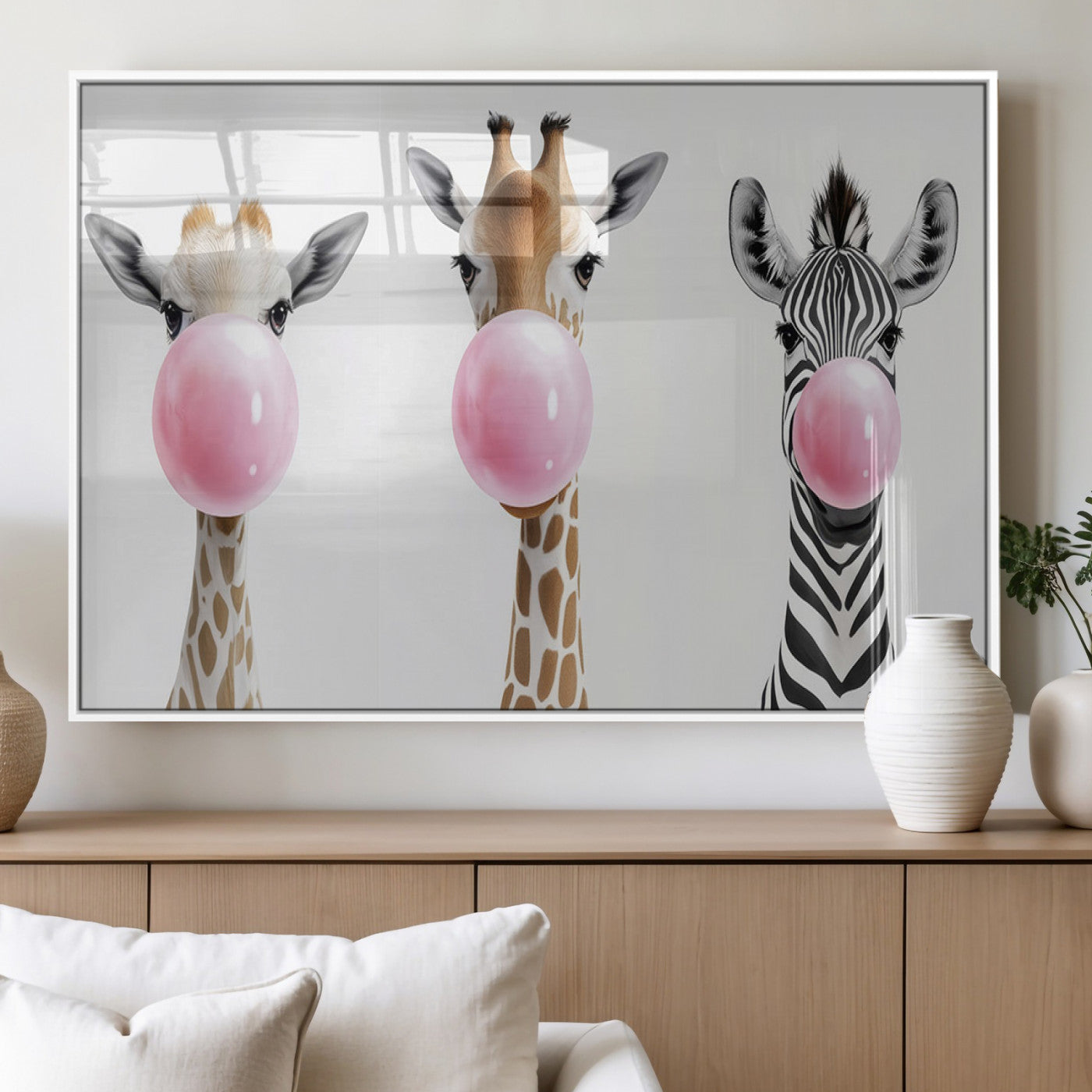 MGV-FP-60X30-3P - Bubblegum Animals Canvas Wall Art - Playful Giraffe and Zebra Trio, Fun Nursery Decor for Kids'