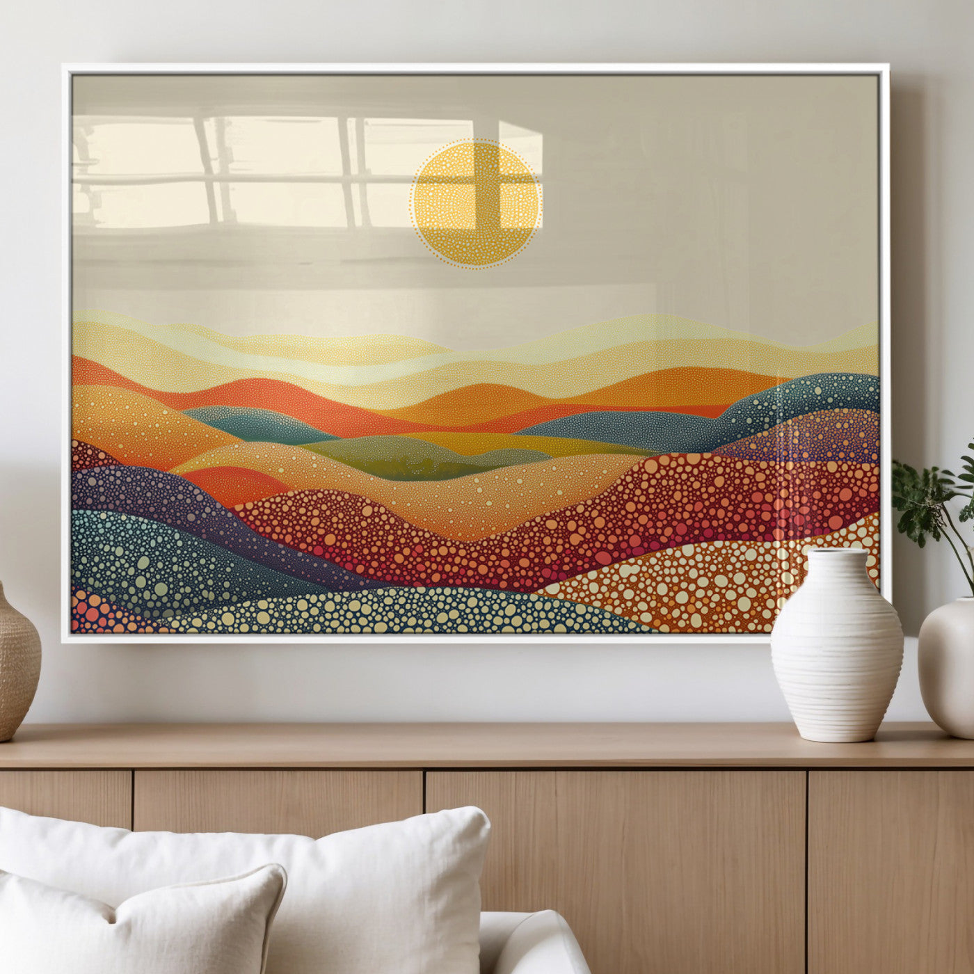 MGV-FP-60X30-3P - YAYOI KUSAMA Colorful Dot Art Landscape Canvas - Framed Abstract Pointillism Inspired by Nature with