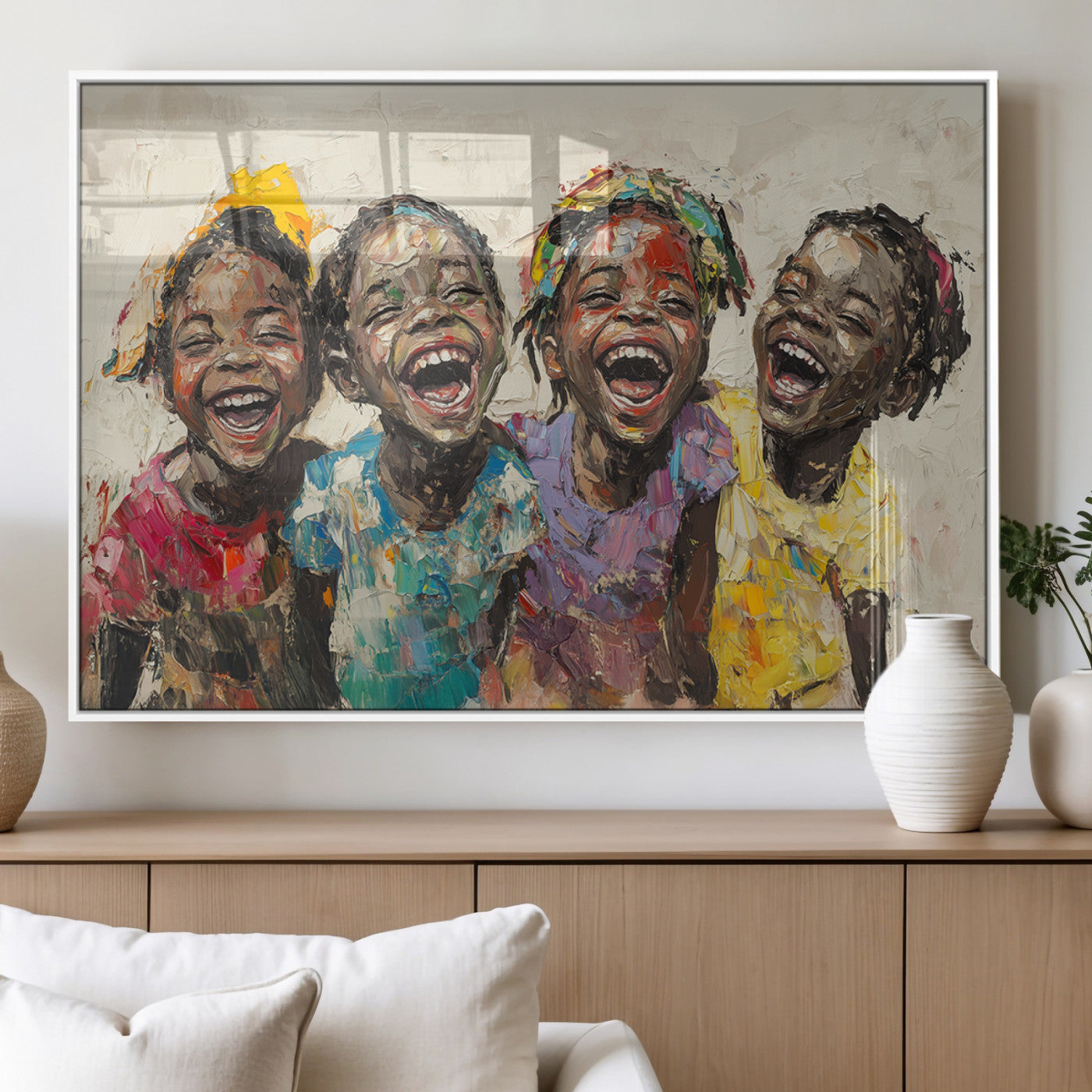 MGV-FP-60X30-3P - Shai Yossef style Joyful Childhood Canvas Wall Art - Expressive Impasto Painting of Black Children