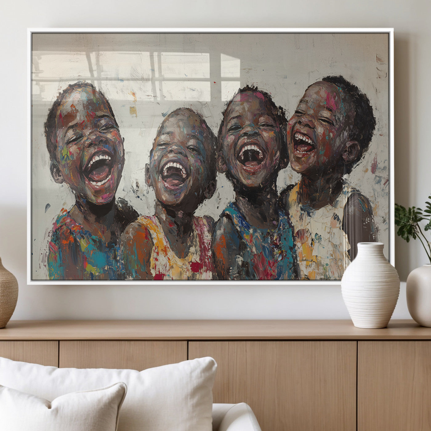85256-MGV-FP-36X24-3P_White-Shai Yossef Print - Joyful Childhood Canvas Wall Art - Expressive Impasto Painting of Laughing