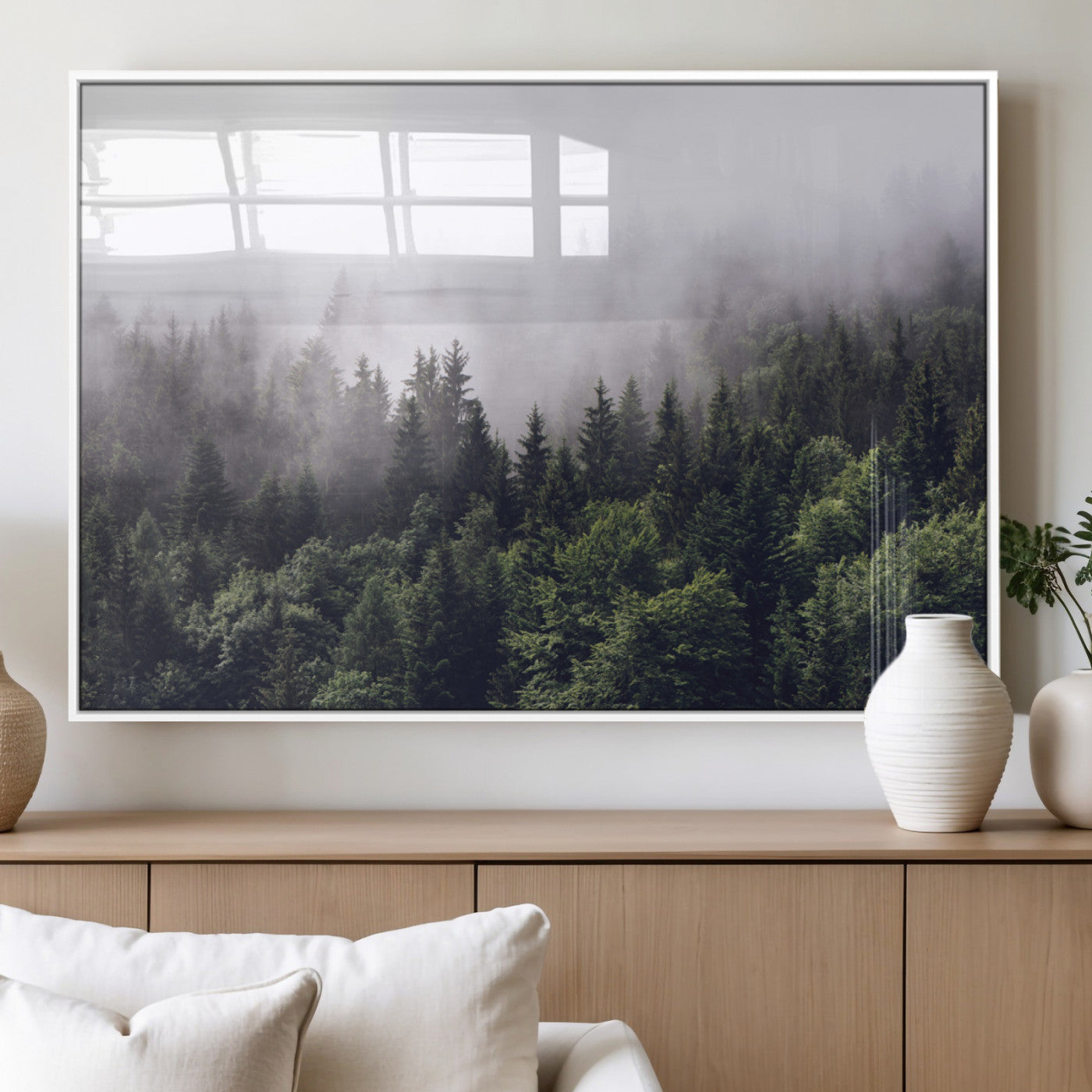 MGV-FP-60X30-3P - Misty Forest Wall Art | Foggy Forest Canvas Print | Large Nature-Inspired Misty Tree Landscape for