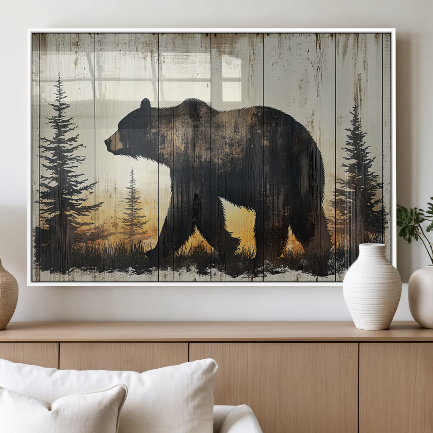 83875-MGV-FP-60X30-3P_White-Vintage Bear Wall Art Canvas Print for Farmhouse - Mountain Wood Canvas Wall Art - Forest Silhouette