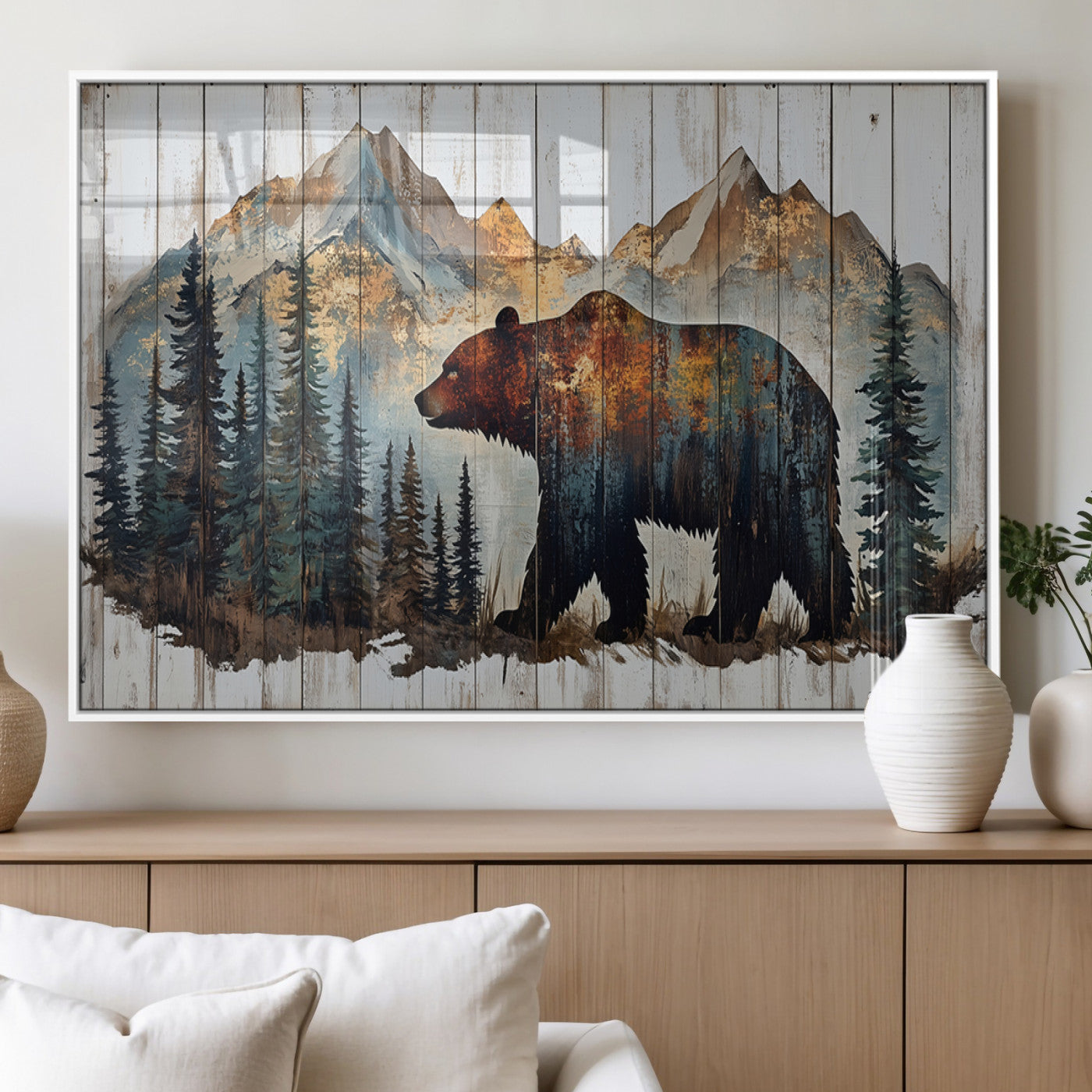 55777-MGV-FP-60X30-3P_White-Rustic Grizzly 399 Bear and Mountain Wood Canvas Wall Art - Framed Nature Artwork with Forest