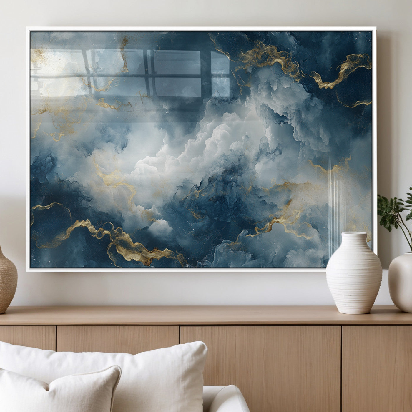 MGV-FP-60X30-3P - Large Abstract Print - Luxe Blue and Gold Abstract Canvas Wall Art - Bold Cloudscape Canvas for