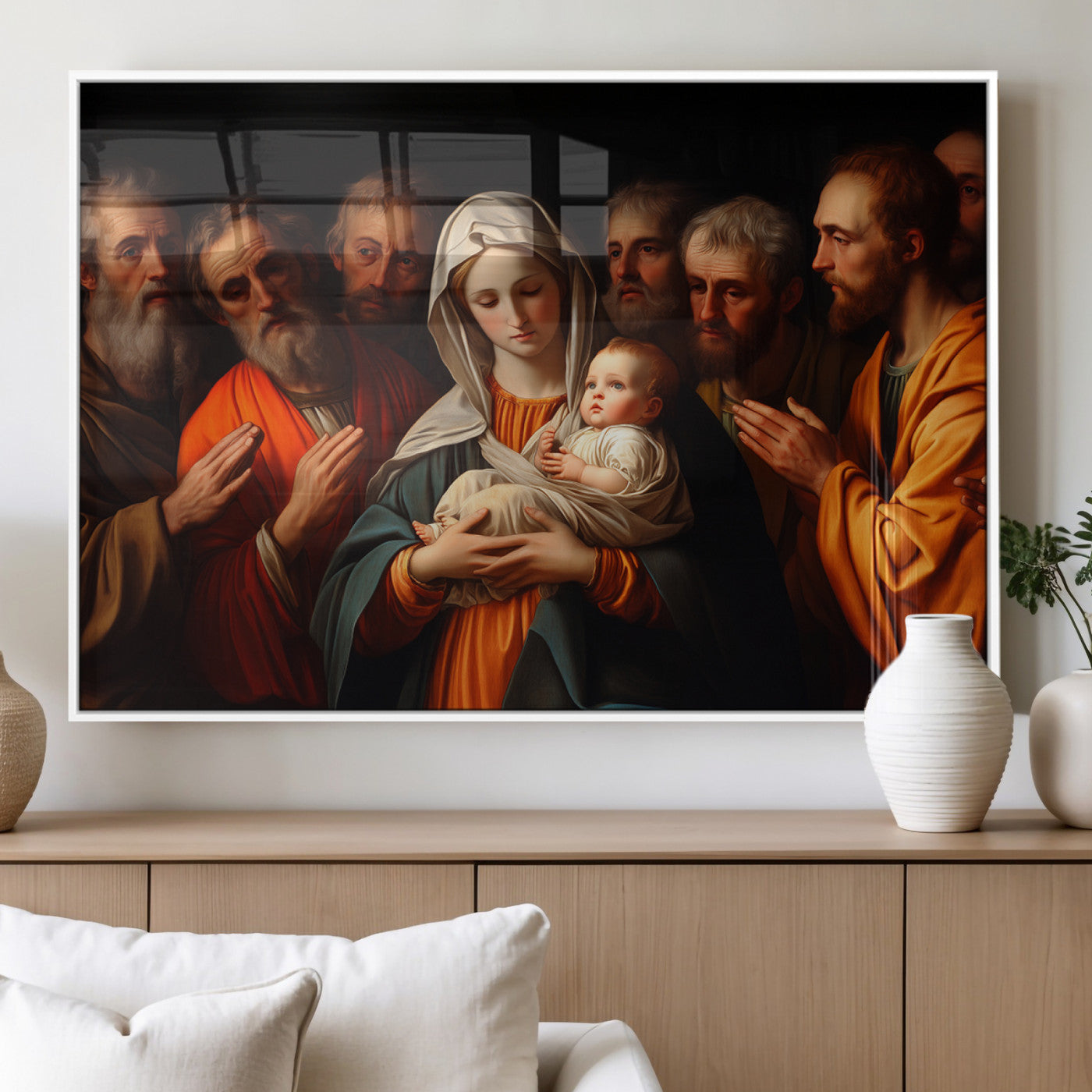 MGV-FP-60X30-3P - Religious Canvas Wall Art Print - Madonna and Child with Apostles Art Print - Classic Christian