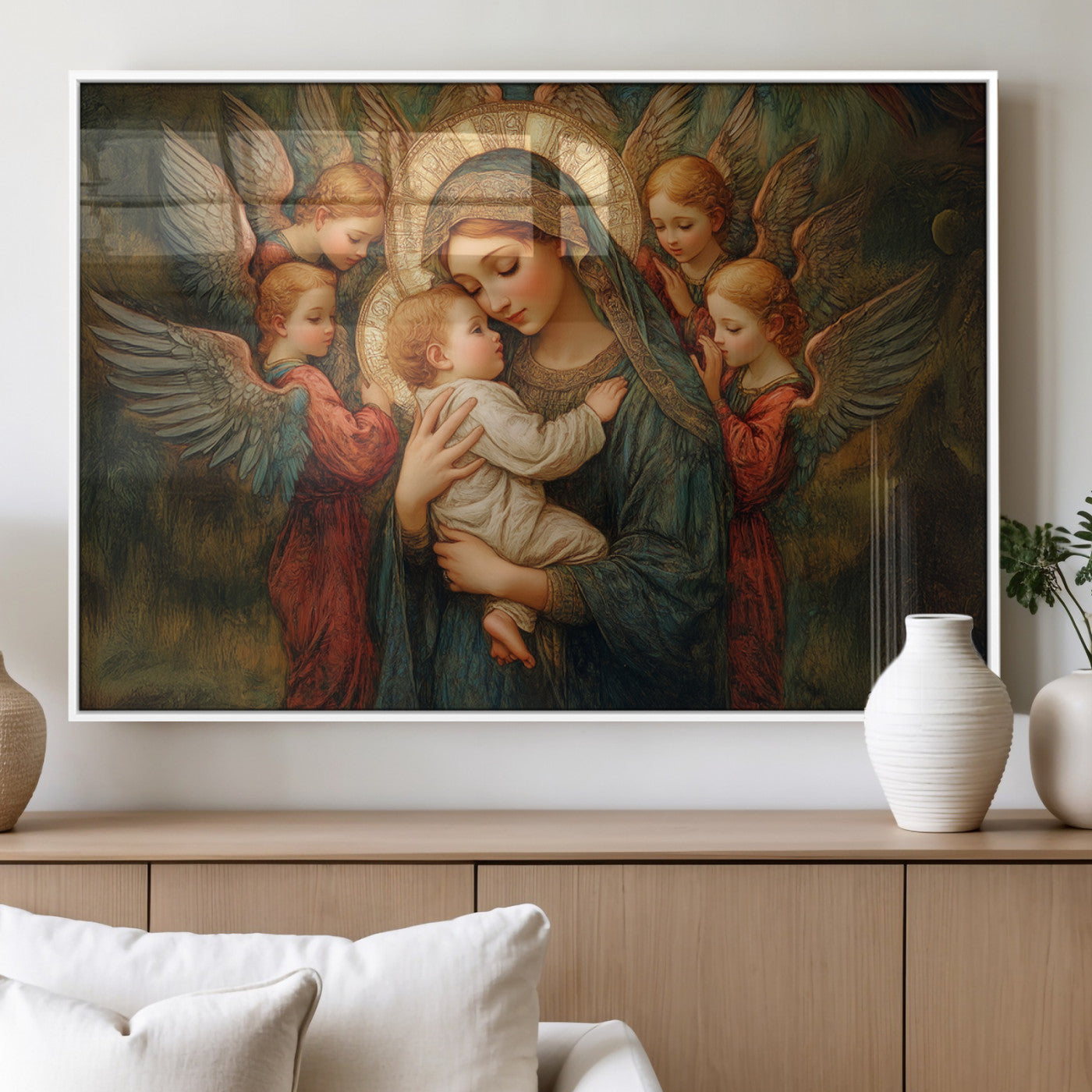 MGV-FP-60X30-3P - Mary Jesus Canvas Wall Art Print - Madonna and Child with Angels Art Print - Classic Christian