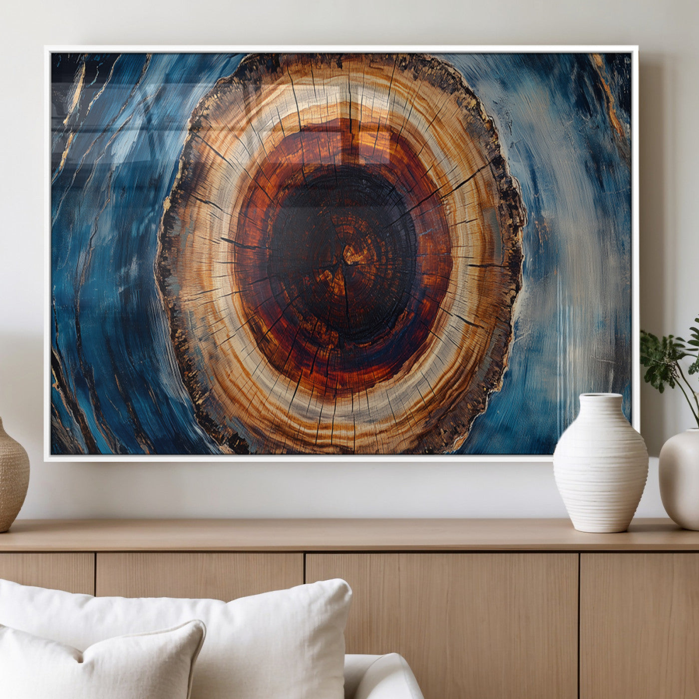 MGV-FP-36X24-3P - Framed Abstract Tree Ring Wall Art Print, Natural Rustic Wood Texture Canvas Print, Wood Tree Stump