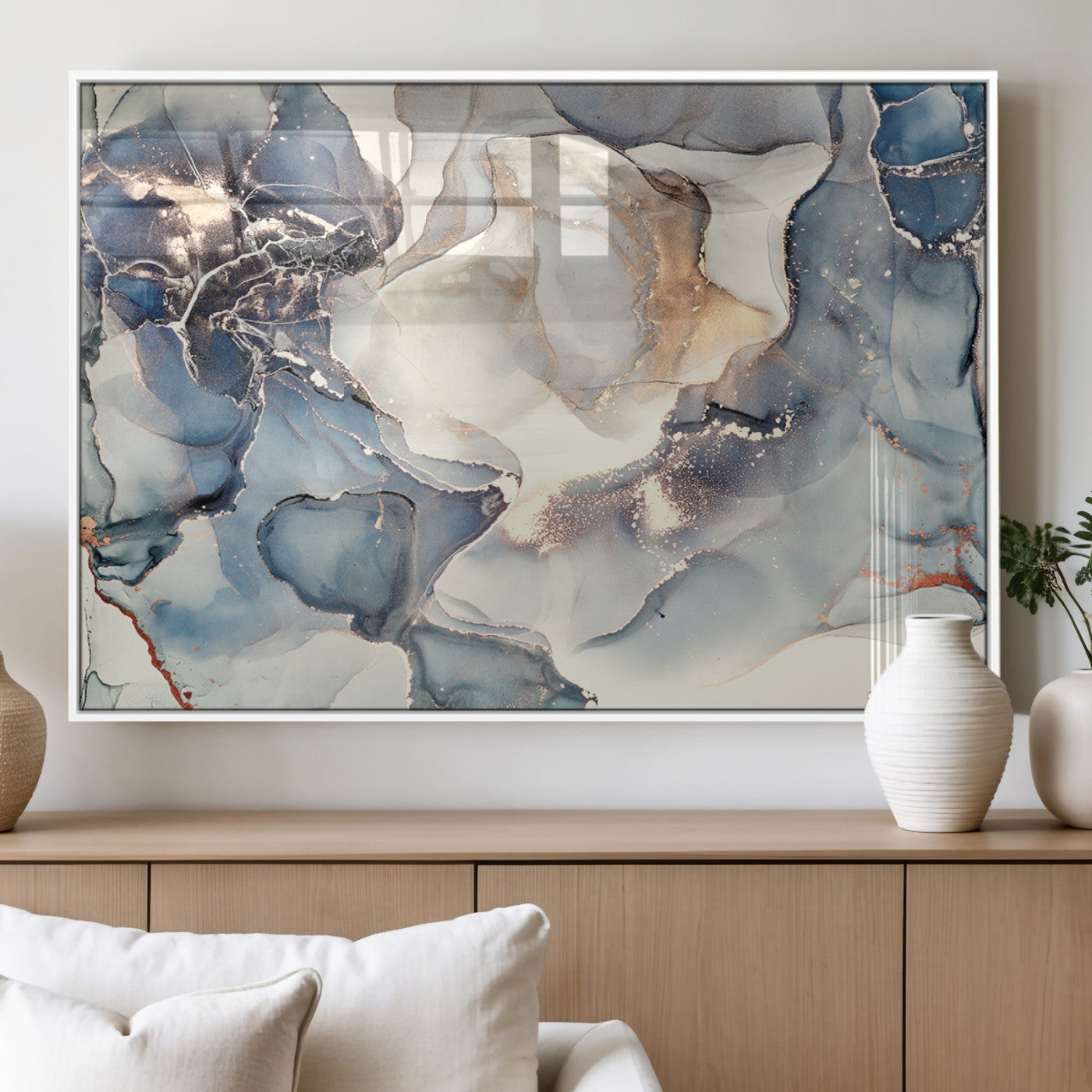 MGV-FP-36X24-3P - Abstract Blue and Gold Canvas Wall Art - Fluid Modern Ink Artwork - Modern Luxury Wall Decor for