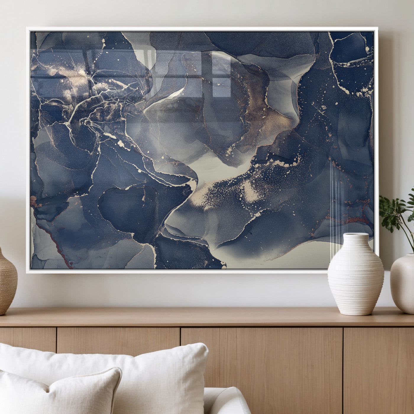 MGV-FP-36X24-3P - Large Abstract Blue and Gold Canvas Wall Art | Fluid Ink Artwork Print | Luxury Wall Decor for
