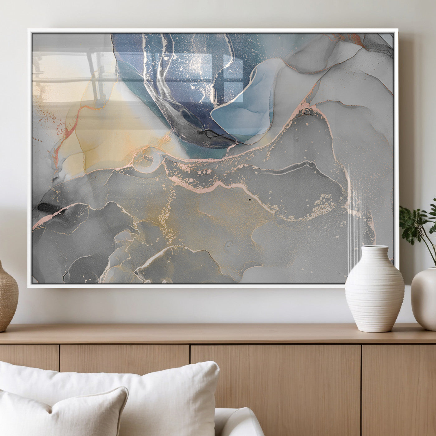 MGV-FP-36X24-3P - Large Abstract Blue and Gold Canvas Wall Art | Fluid Ink Artwork Print | Luxury Wall Decor for