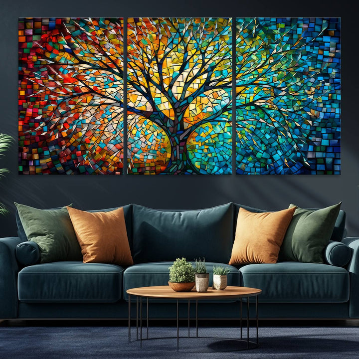 Explore the Yggdrasil Tree of Life Wall Art Print, a 3-panel canvas print made in the USA, featuring a vibrant multicolor mosaic design.