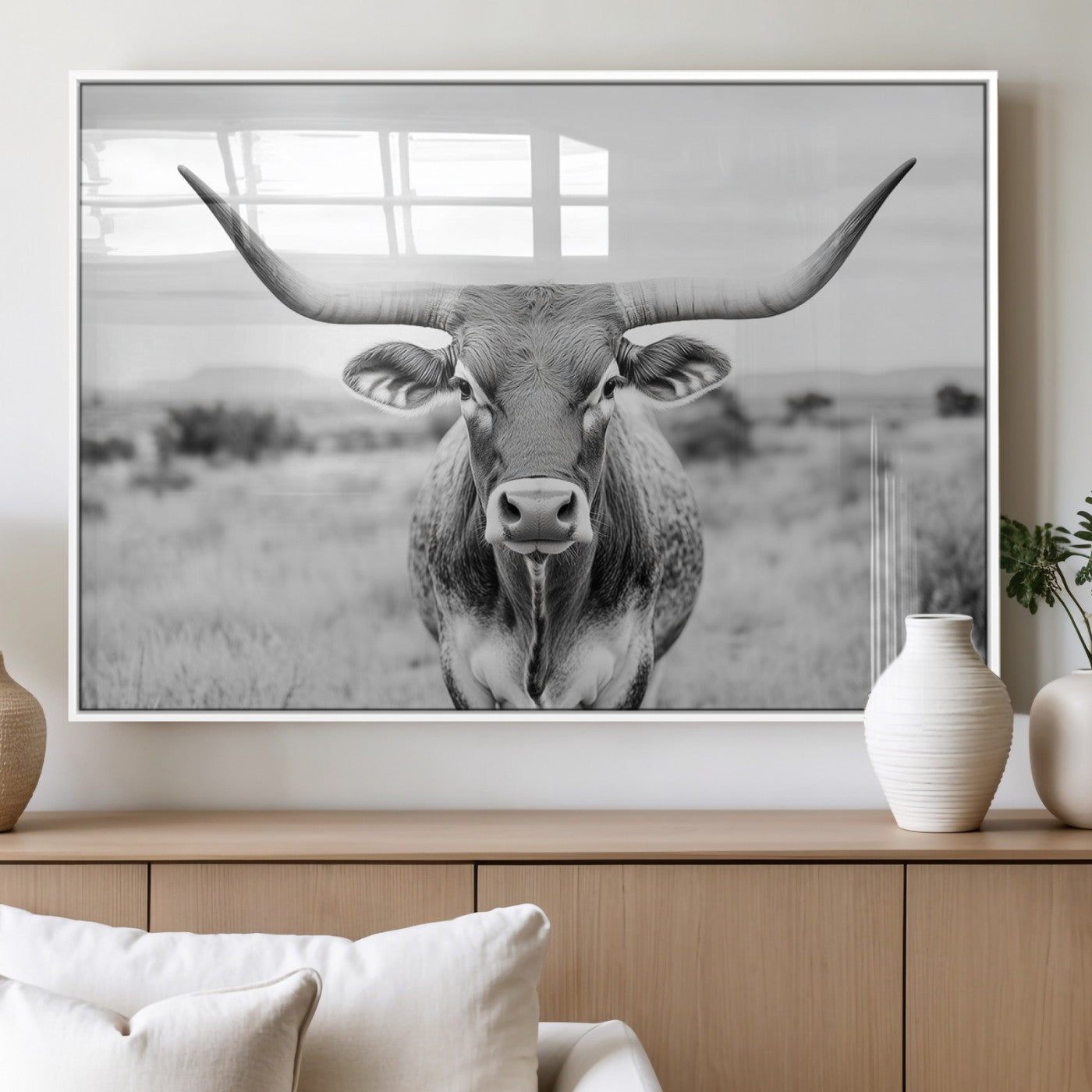 MGV-FP-60X30-3P - Highland Cow Wall Art Print - Black and White Texas Western Longhorn Canvas - Farmhouse Decor Print