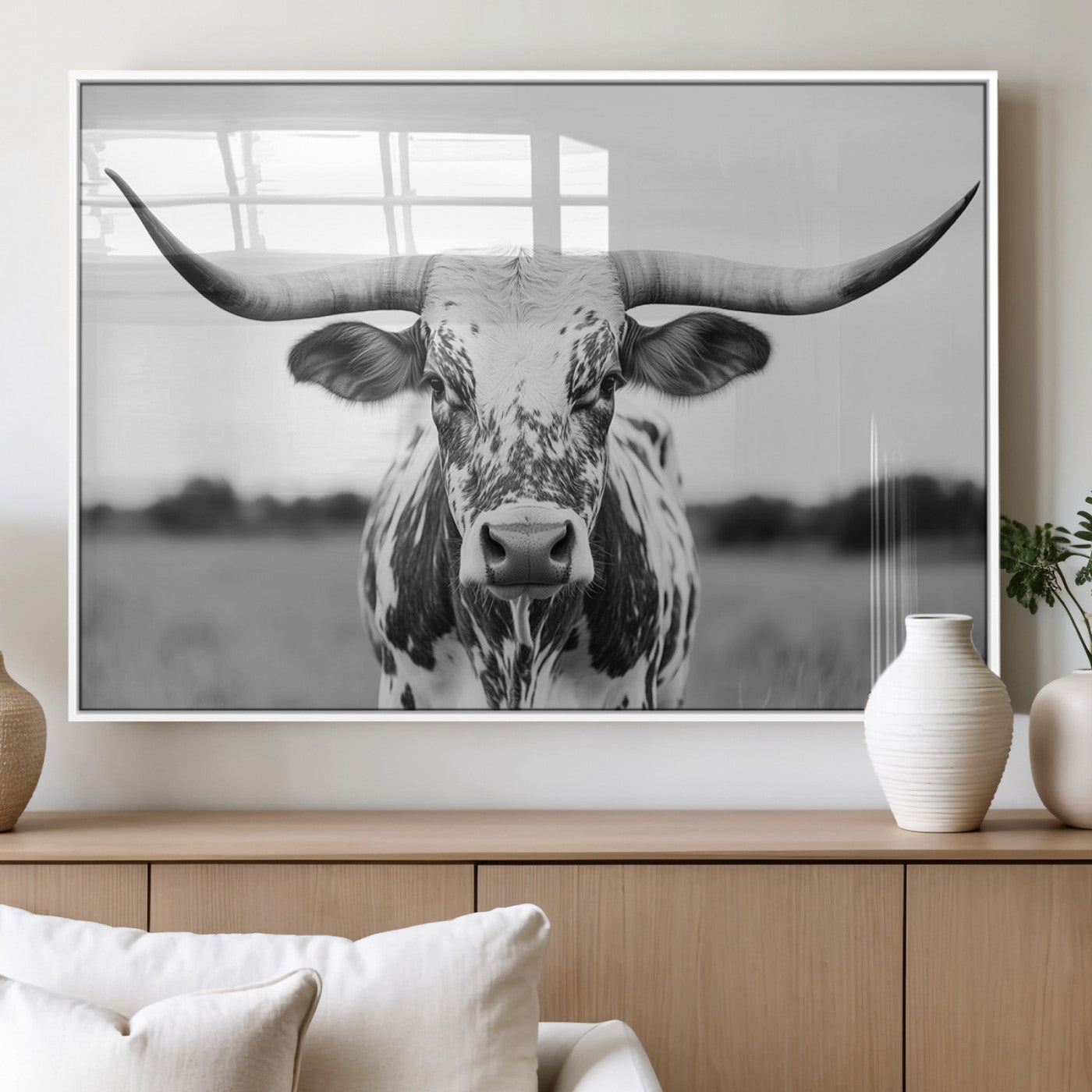 MGV-FP-60X30-3P - Highland Cow Wall Art - Black and White Western Longhorn Canvas Print - Farmhouse Living Room Decor