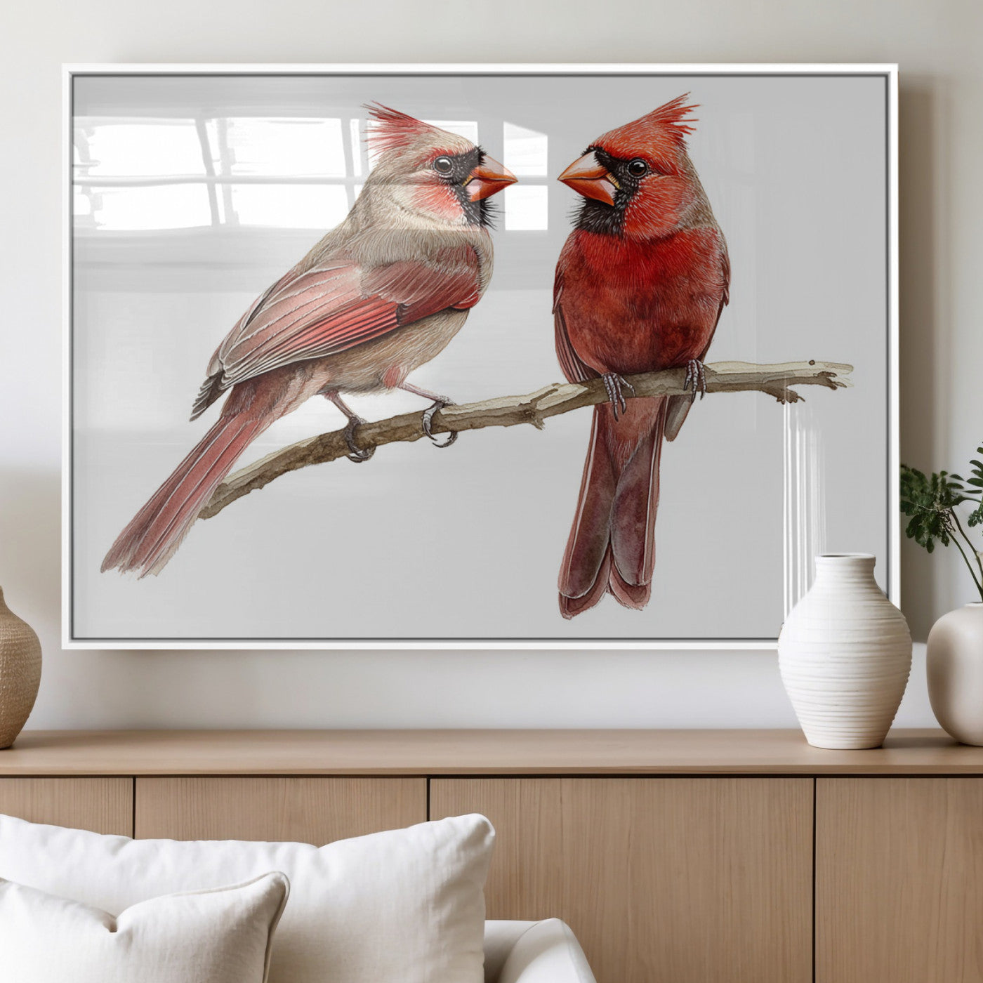 MGV-FP-60X30-3P - Cardinal Bird Canvas Wall Art - Male and Female Cardinal Print - Abstract Bird Wall Decor for Home -