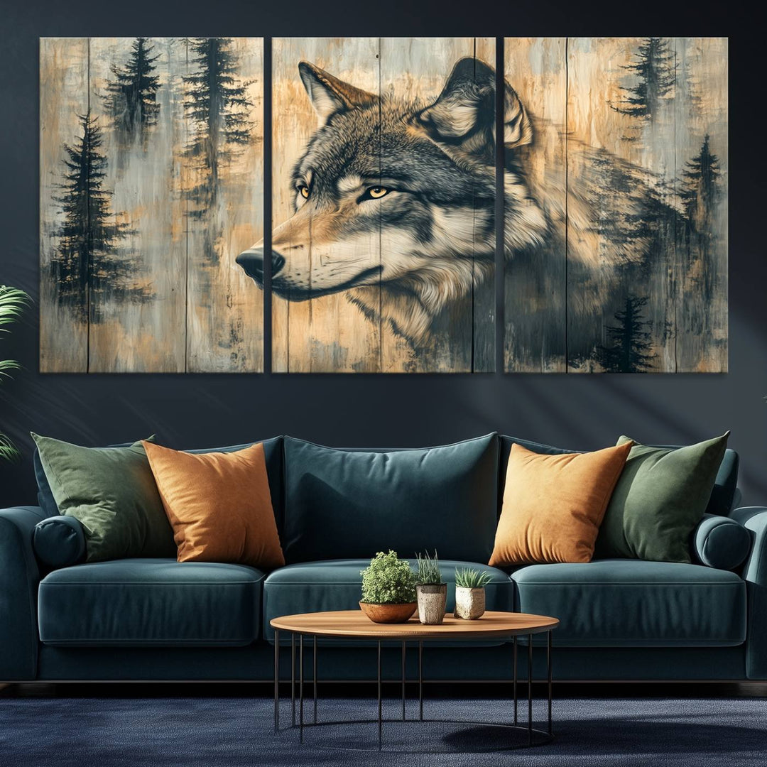 A Wood Style Rustic Wolf Wall Art Canvas Print adorns the kitchen.