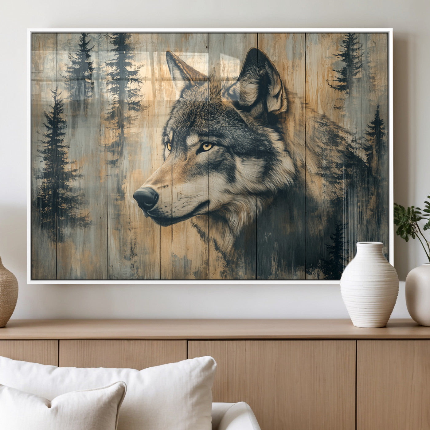 MGV-FP-60X30-3P - Wood Style Rustic Wolf Wall Art Canvas Print, Vintage Woodland Wolf Wall Art, Framed Wood Style Wolf