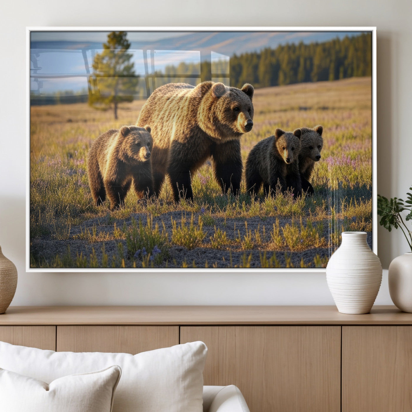 MGV-FP-60X30-3P - Grizzly 399 in Wild Flowers Wall Art Canvas Print, Grizzly Bears Wall Art, Queen of Grand Teton
