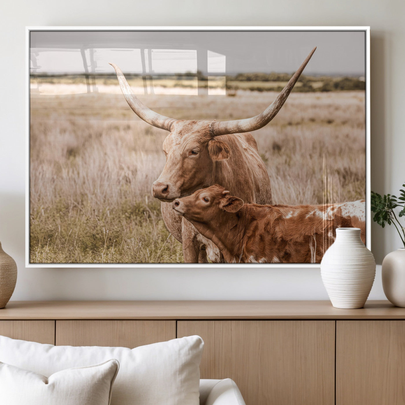 MGV-FP-60X30-3P - Texas Longhorn Cow Wall Art Canvas Print for Farmhouse Wall Art, Texas Decor, Western Wall Art Print