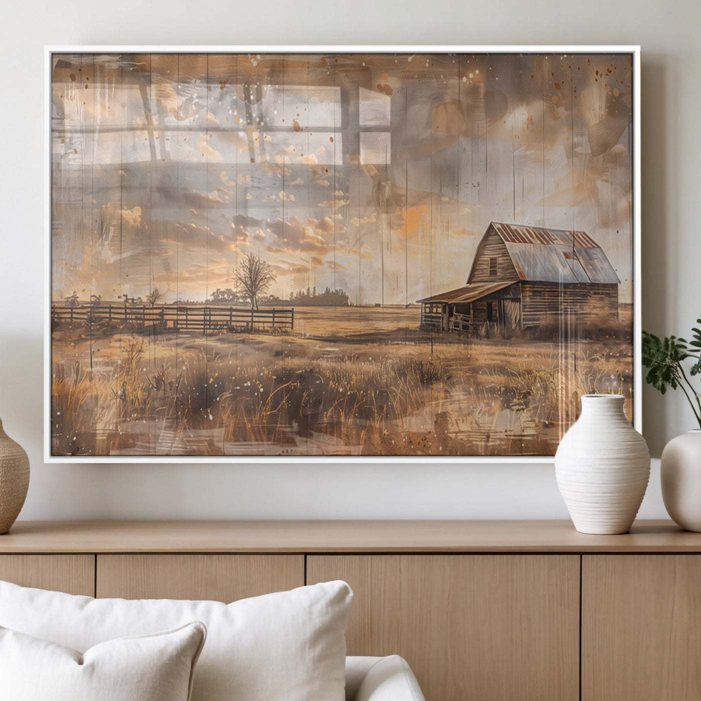 MGV-FP-60X30-3P - Rustic Farmhouse Wall Art Canvas Print | Barn and Field Canvas Print | Vintage Country Landscape