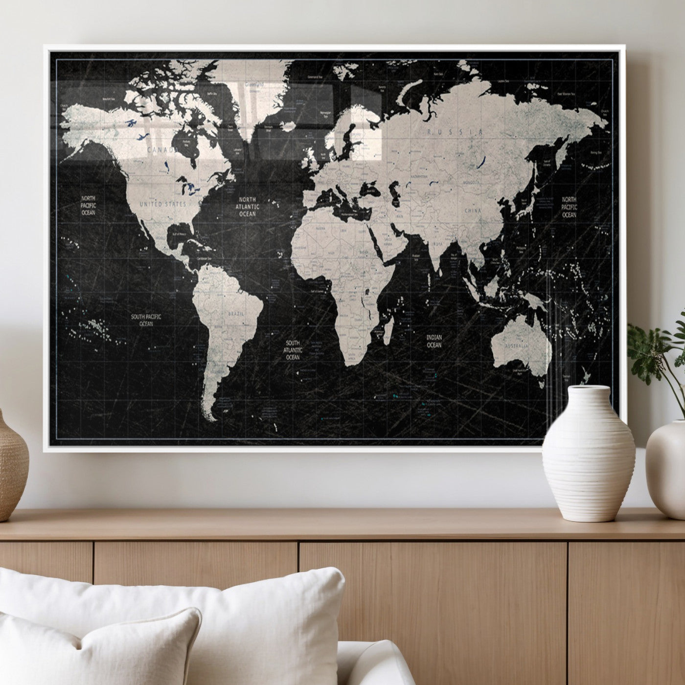 MGV-FP-60X30-3P - Push Pin World Map Canvas Print – Framed Wall Art for Couples to Track Their Travels – Anniversary