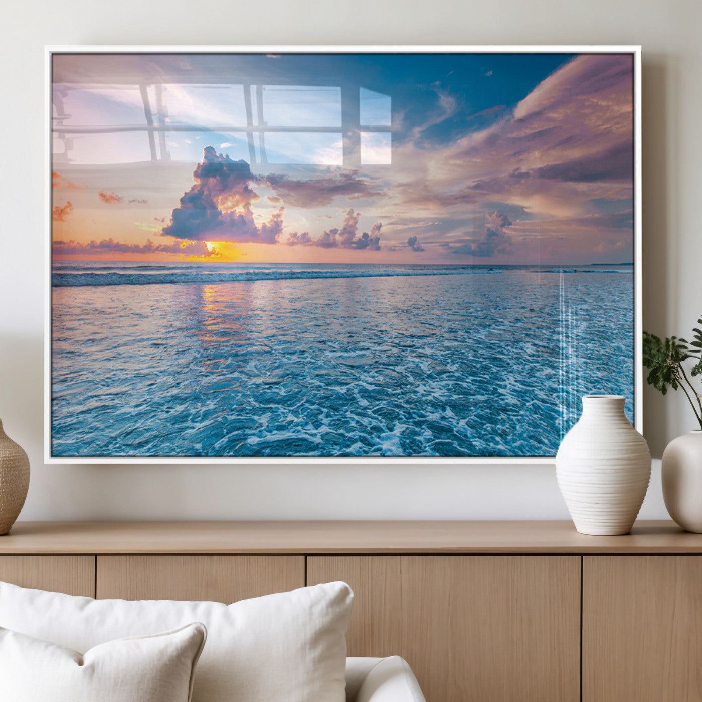 MGV-FP-60X30-3P - Ocean Sunset Canvas Wall Art Print - Tranquil Seascape with Vibrant Sky and Rolling Waves Canvas