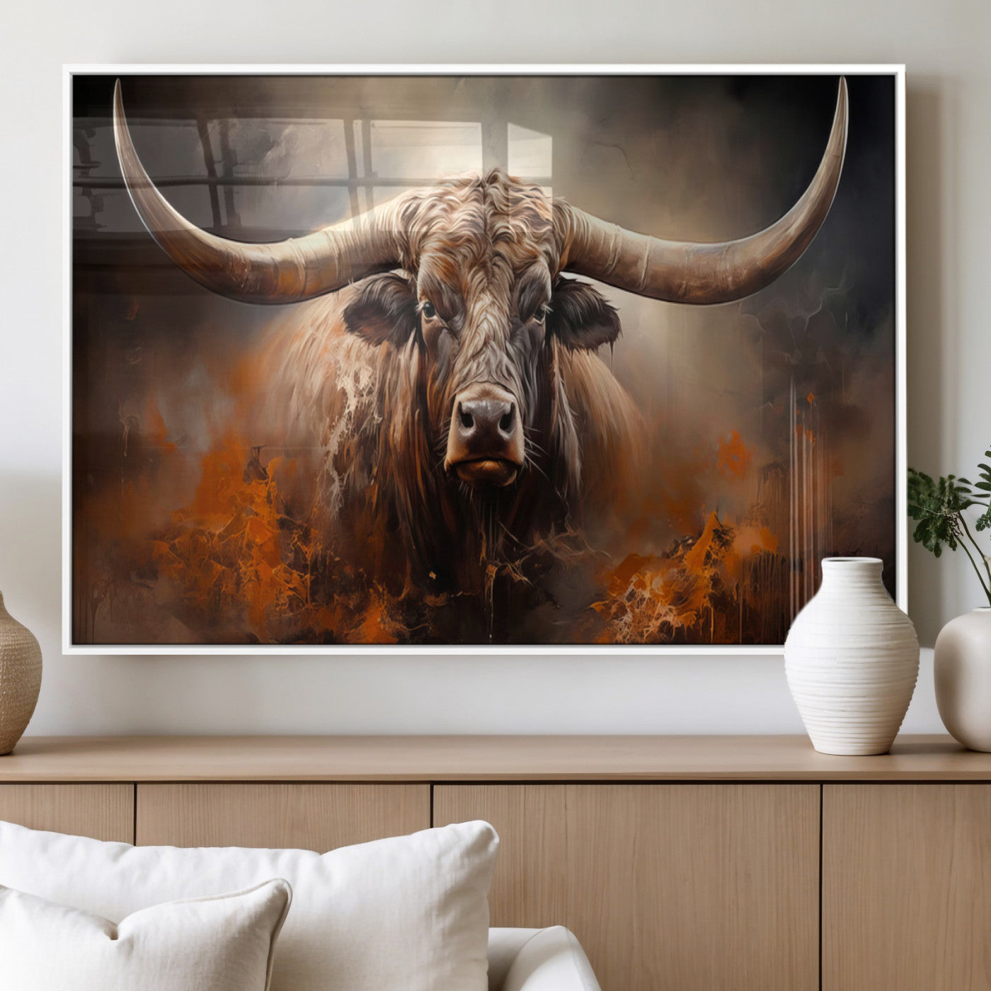 MGV-FP-60X30-3P - Highland Bull Canvas Abstract Canvas Wall Art Print – Powerful Highland Bull with Striking Horns in