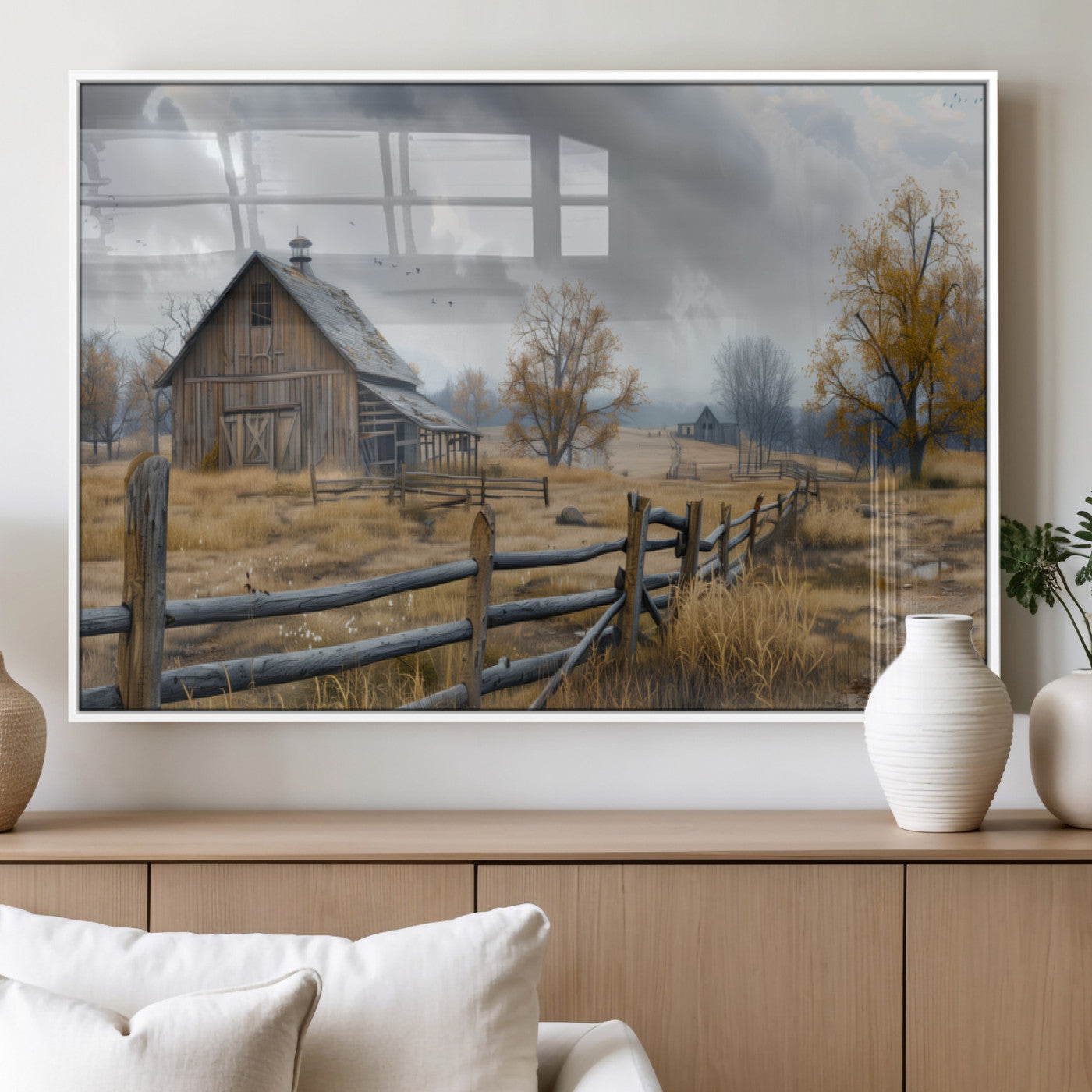 MGV-FP-60X30-3P - Rustic Autumn Farmhouse Wall Art Canvas Print – Serene Countryside Scene with Weathered Barn and