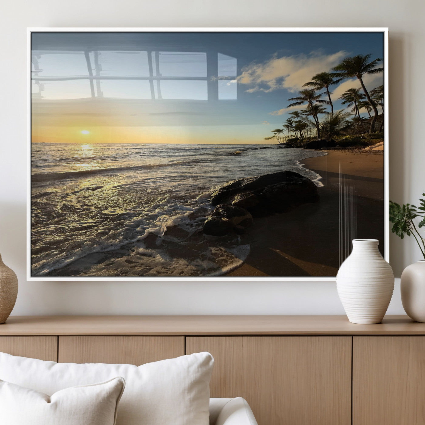 MGV-FP-60X30-3P - Tropical Beach Wall Art - Stunning Ocean Sunset Canvas Print with Palm Tree Design for Relaxing and