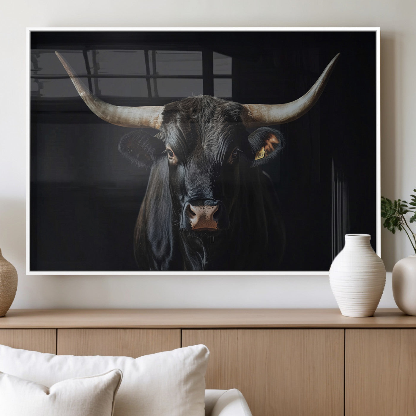 48065167-MGV-FP-36X24-3P_White-Majestic Longhorn Bull Wall Art Canvas Print – Dark Background Western Ranch Portrait Artwork for Home, Office
