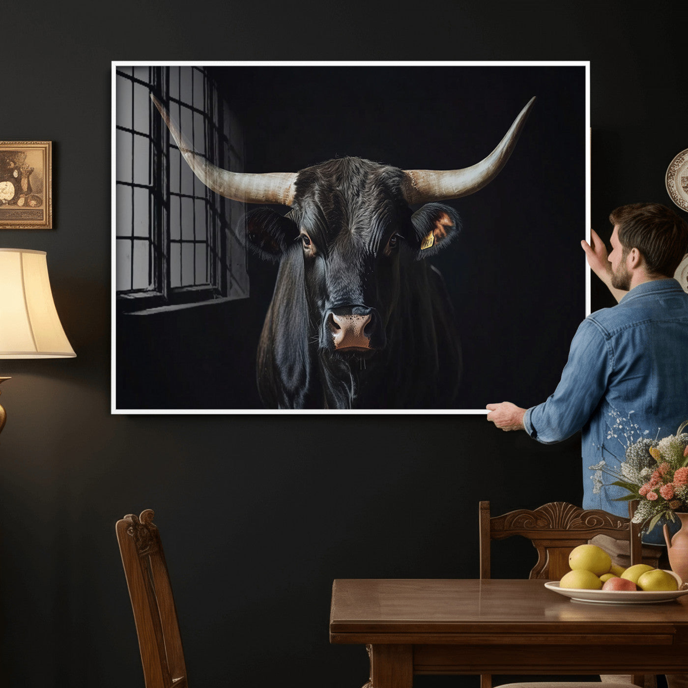48065167-MGV-CV-36X24 - Texas Longhorn Bull Wall Art Canvas Print – Western Black Bull Art Print for Farmhouse Ranch Decor