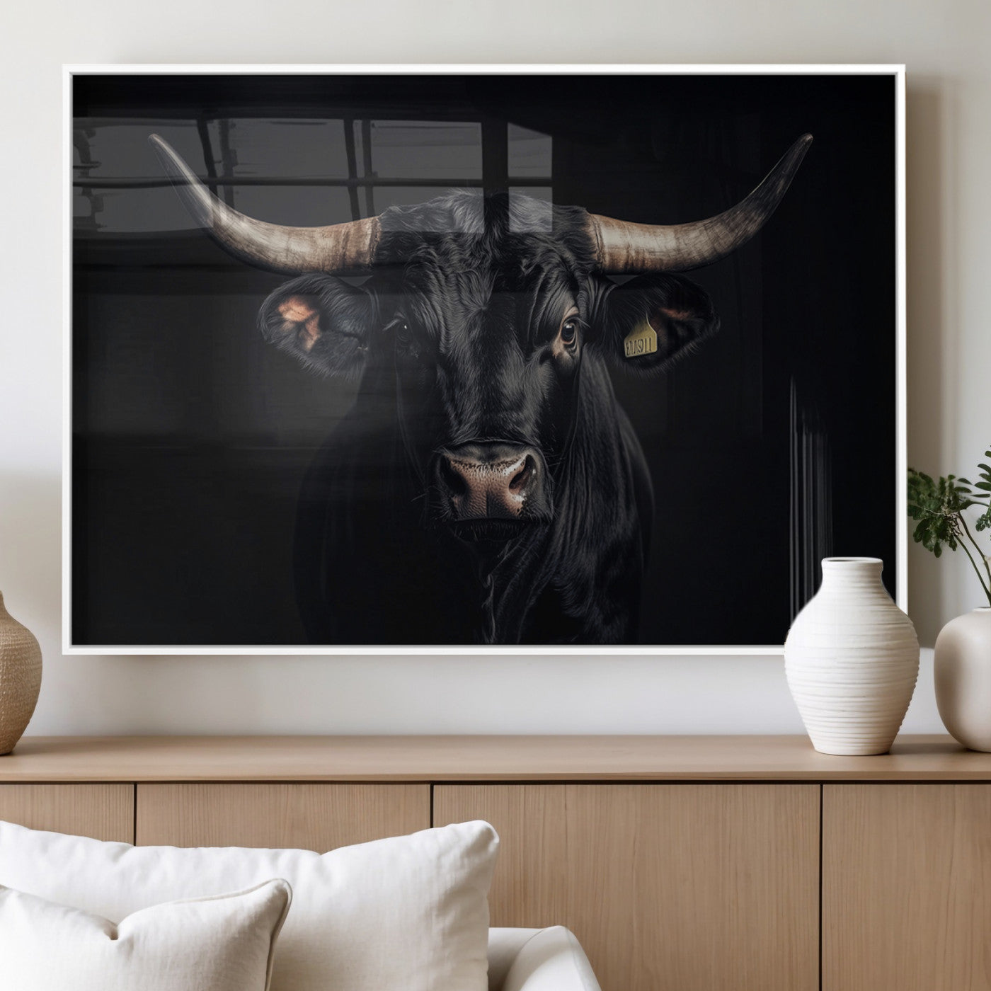 MGV-FP-36X24-3P - Black Bull Wall Art – Framed Horned Bull Canvas Artwork, Western Cattle Design, Rustic Ranch Style Decor for Home, Office